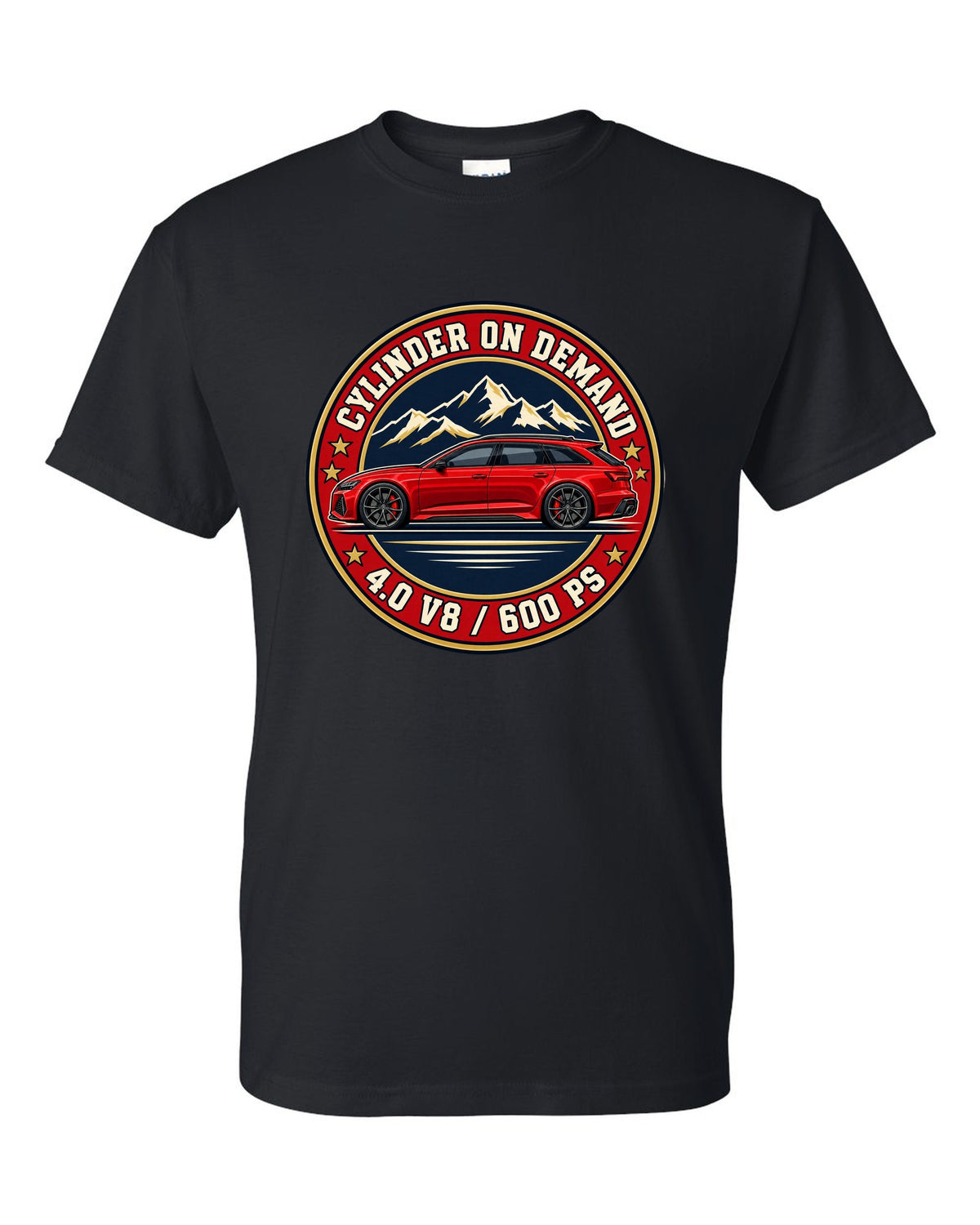 Varsity-style crest design for the Audi RS6 Avant C8 with 4.0 V8 and 600 PS lettering black t-shirt front view with the design