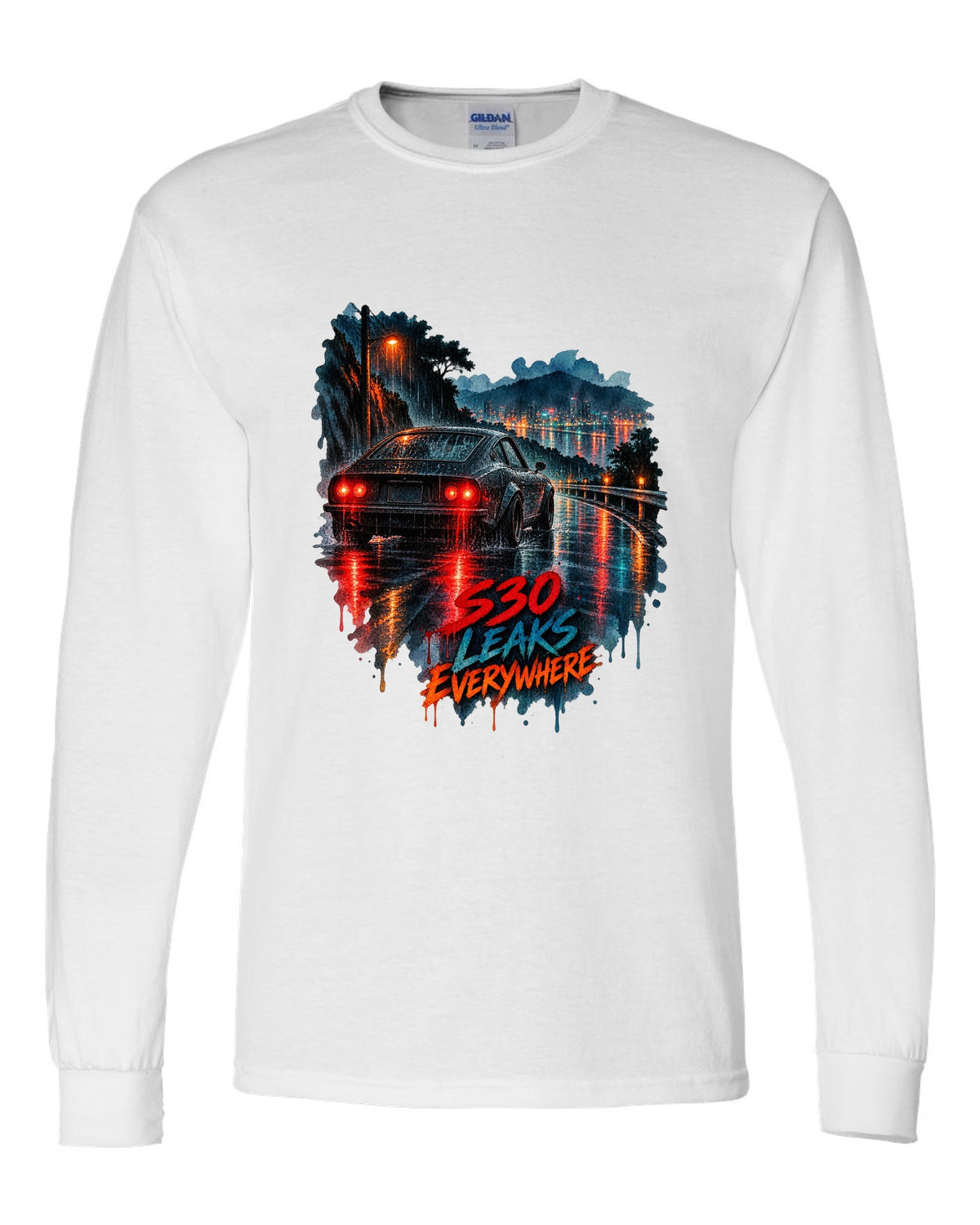 Watercolour wet-road night print of a Nissan Fairlady Z S30 with leaks everywhere lettering white long sleeve front view with the design