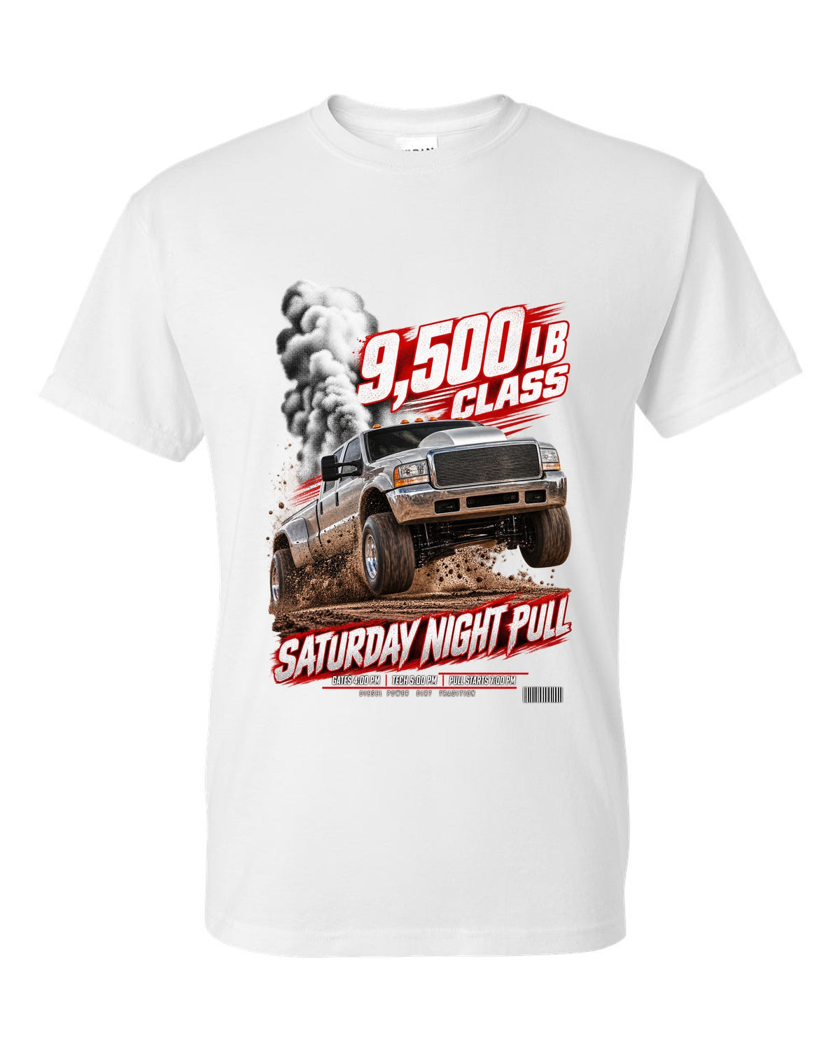Race poster of a 1998.5-2002 Ram 2500 24V with the text 9,500 lb class, Saturday night pull white t-shirt front view with the design