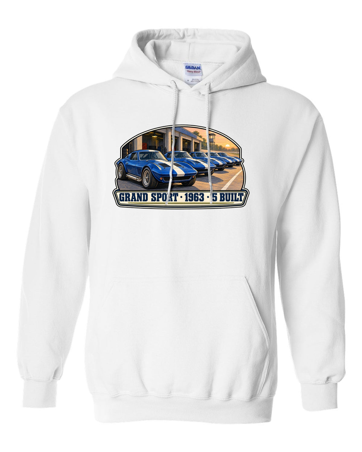 Isometric vector print of a 2014 Chevrolet Corvette C7 Stingray highlighting the fender gill vent white pull over hoodie front view with the design
