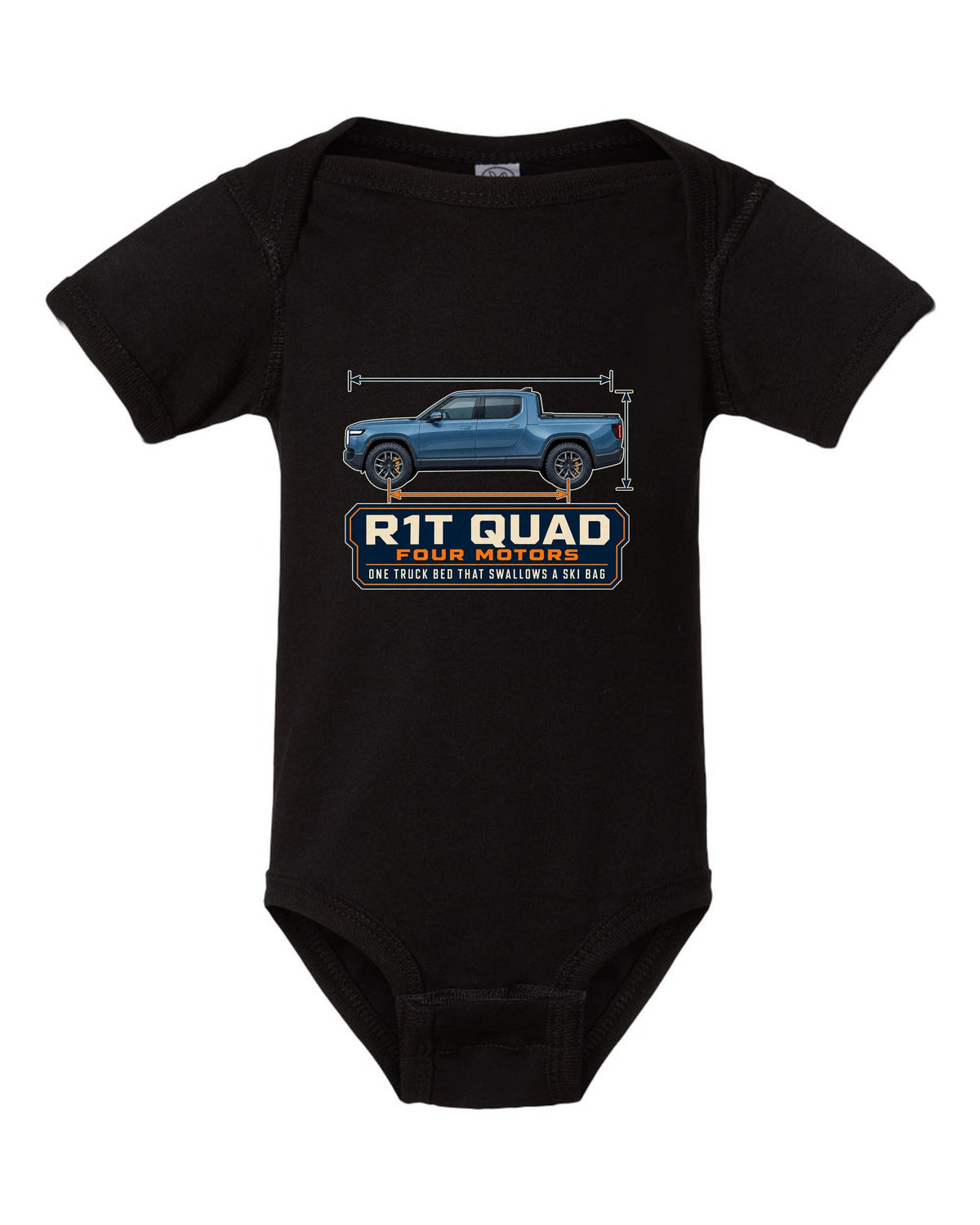 Dimension blueprint print of the Rivian R1T quad-motor electric truck black baby onesie front view with the design