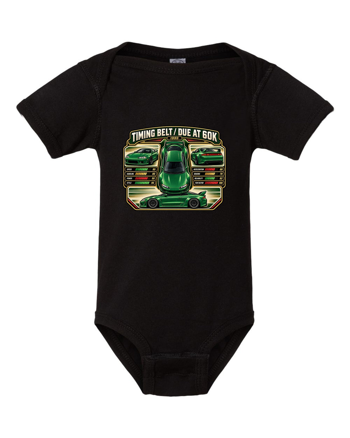 Top-down vector trading card print of a widebody Mitsubishi Eclipse GSX 2G with timing belt due at 60K text black baby onesie front view with the design