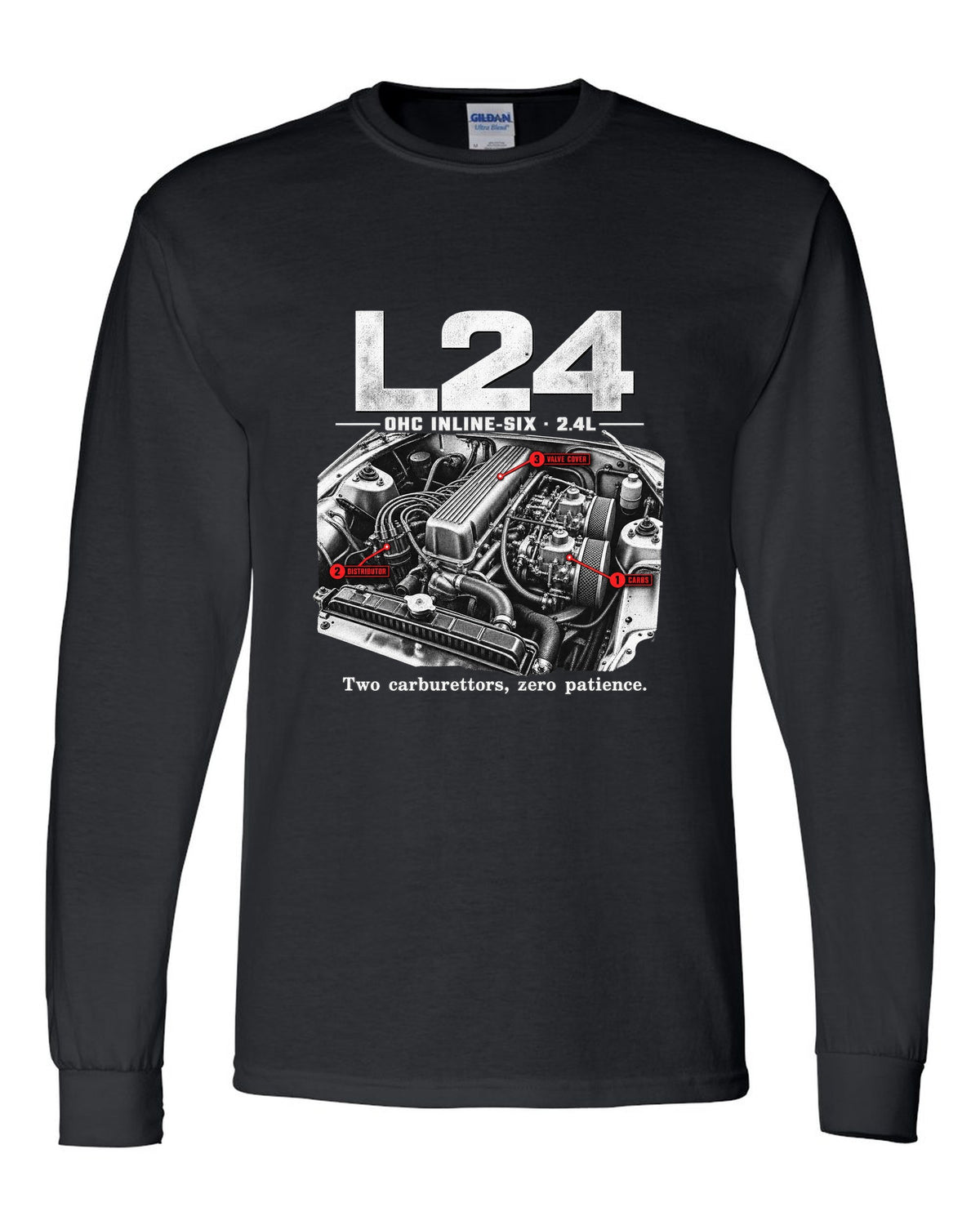 Engine bay print of a Datsun 240Z S30 L24 inline-six with carburettors black long sleeve front view with the design