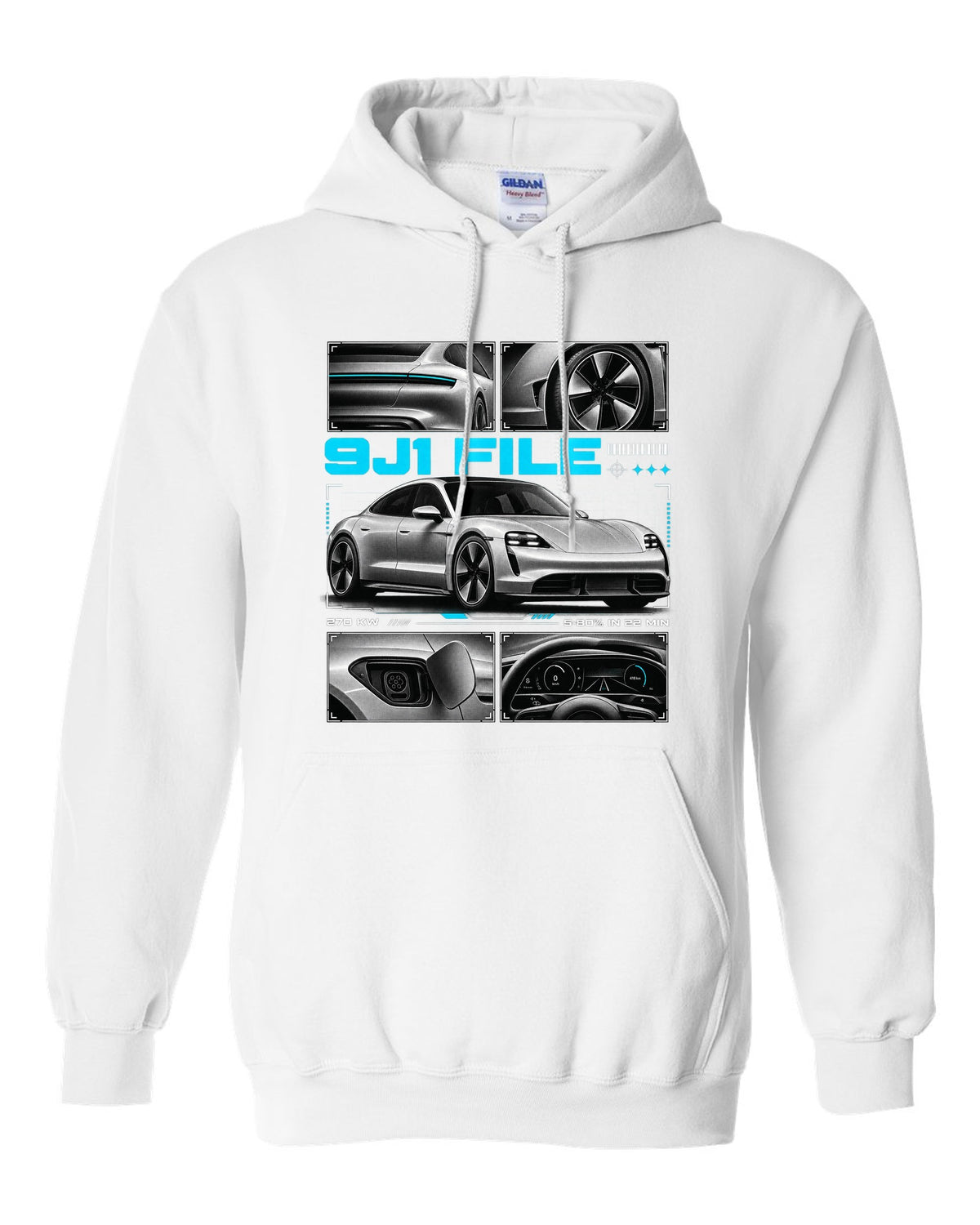 Porsche Taycan Turbo S 9J1 dossier panel design with charging figures white pull over hoodie front view with the design