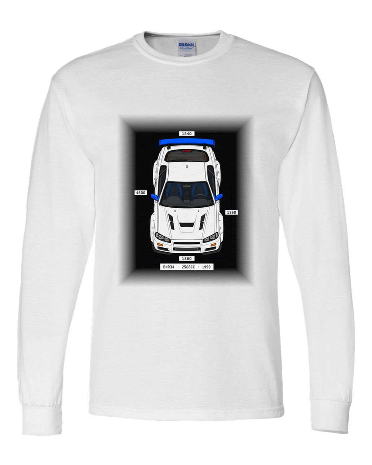 Spec-sheet data plate print reading BNR34 2568cc 1999 for the Nissan Skyline GT-R R34 white long sleeve front view with the design