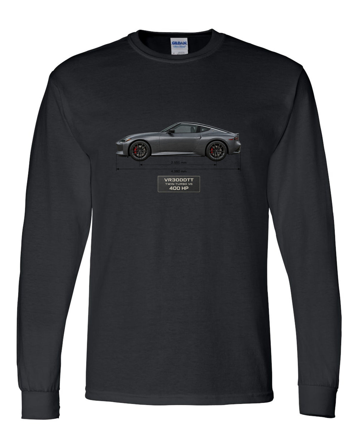 2024 Nissan Z NISMO dossier panels showing 420 hp and 384 lb-ft black long sleeve front view with the design