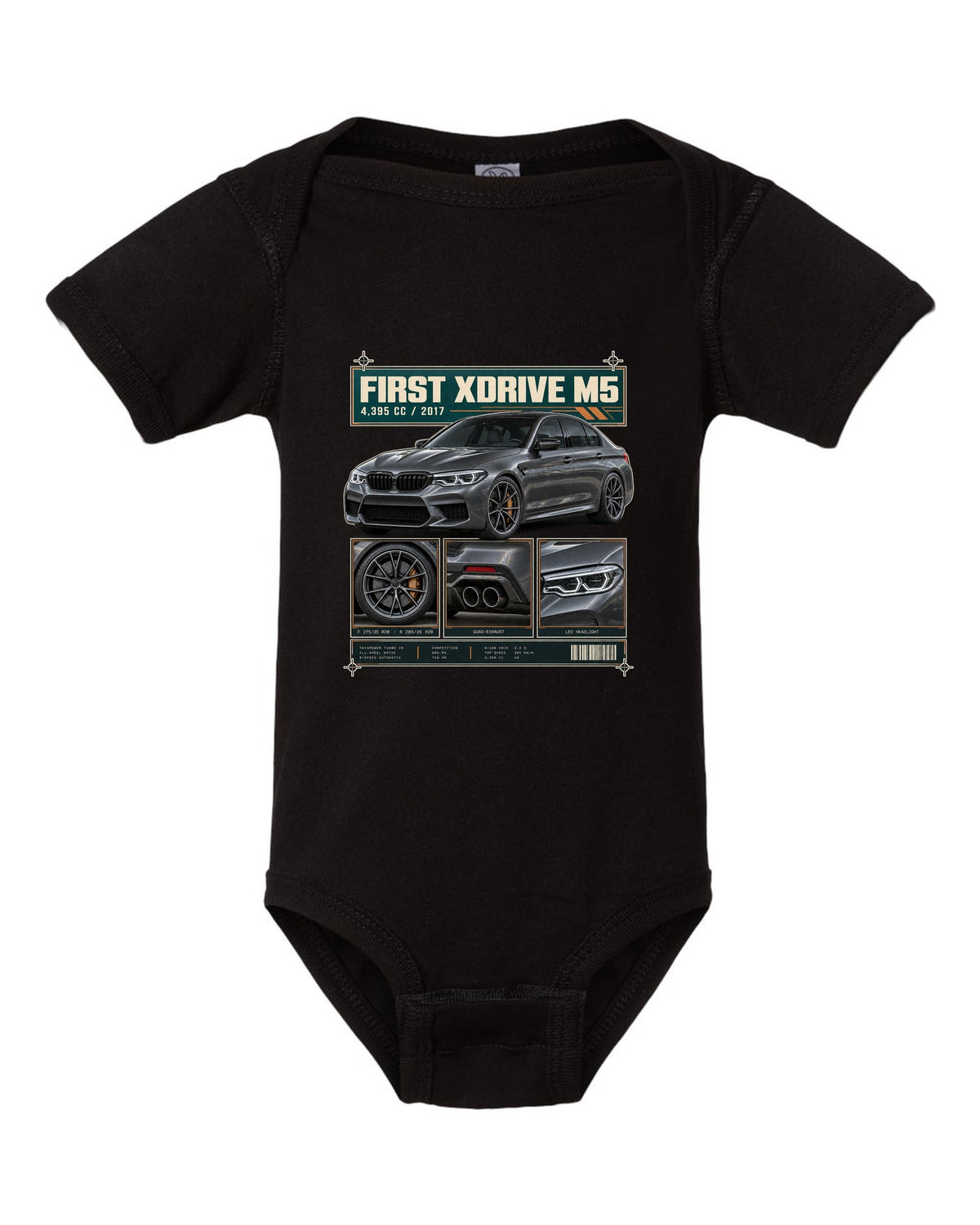 BMW M5 F90 Competition dossier panel print on a tee black baby onesie front view with the design