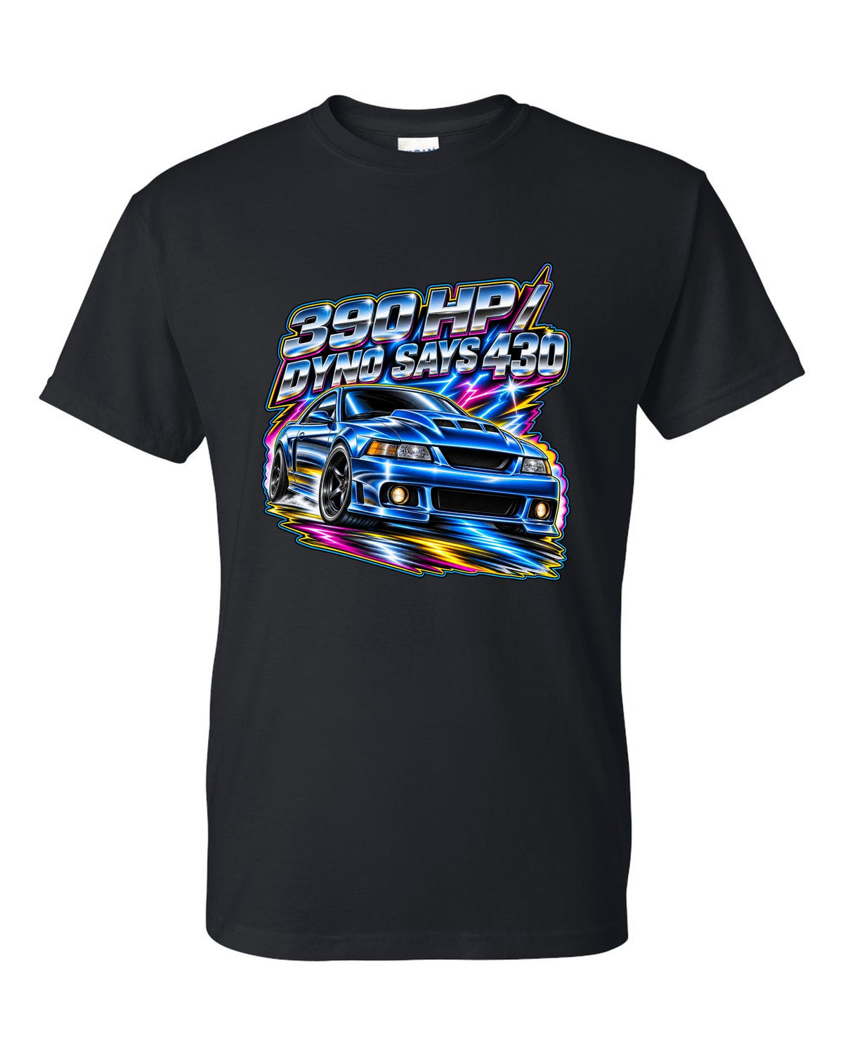 80s airbrush chrome 2003 supercharged Ford Mustang coupe with 390 HP text black t-shirt front view with the design