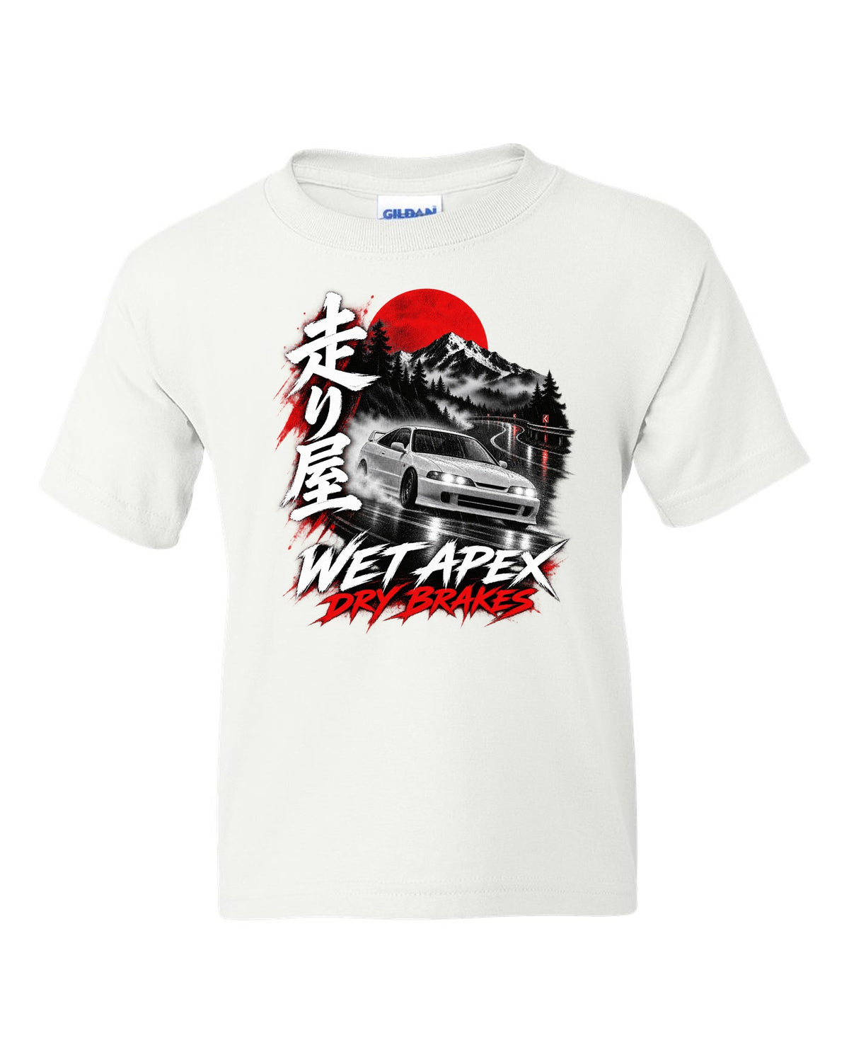 Honda Integra DC2 coupe touge night design with wet apex dry brakes text white kids tee front view with the design