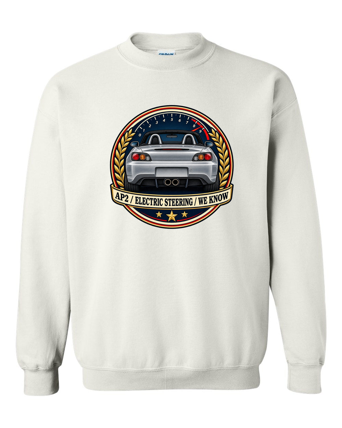 Crest layout print for the Honda S2000 AP2 with electric steering joke text white crewneck front view with the design