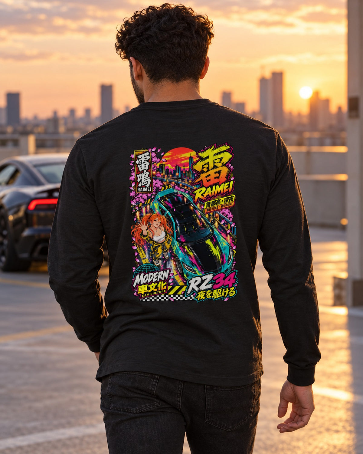 RAIMEI RZ34 Anime Girl Full-Back Graphic Tee Long Sleeve Black worn hero