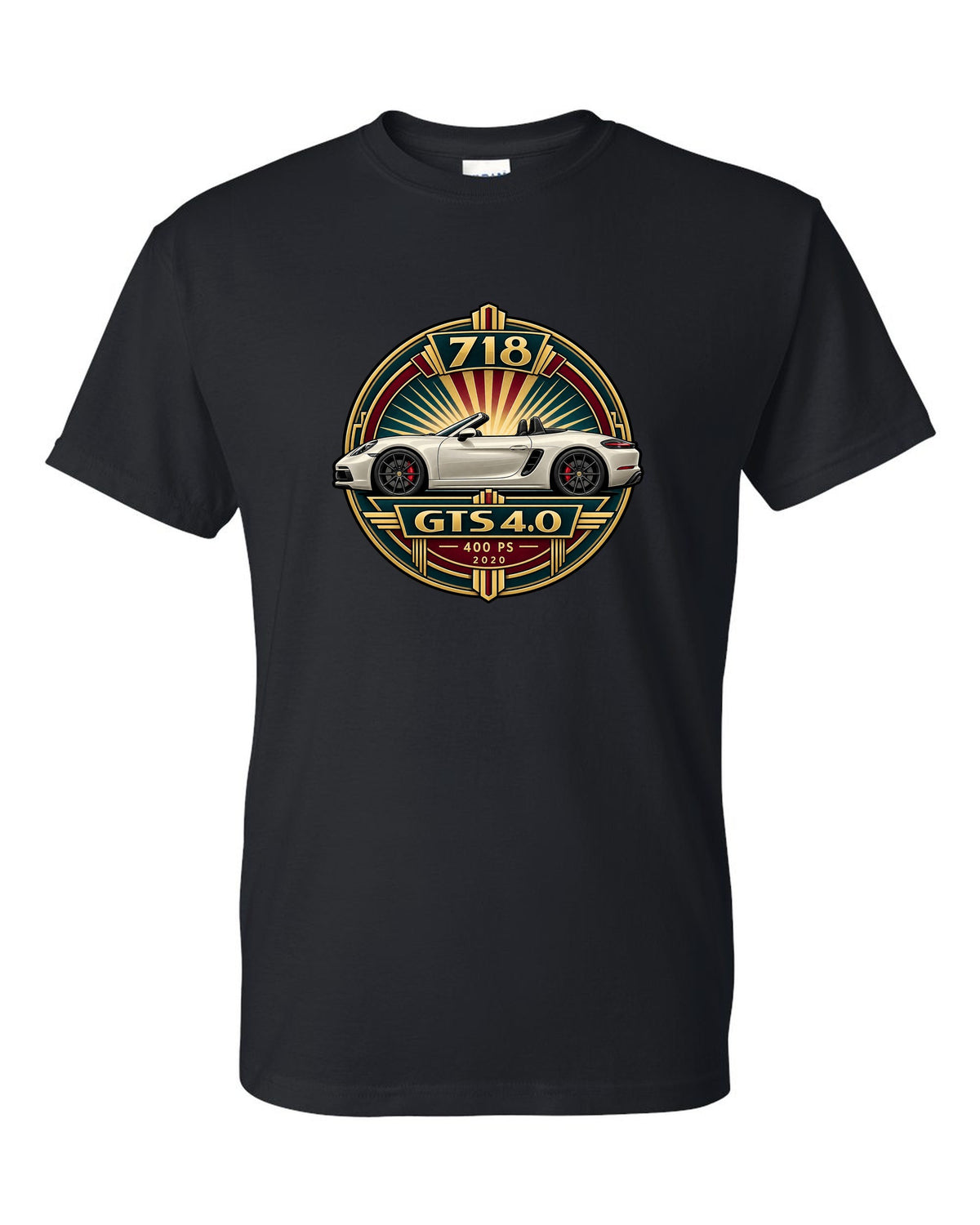 Art deco poster crest design for the Porsche 718 Boxster GTS 4.0 with 400 PS and 2020 lettering black t-shirt front view with the design