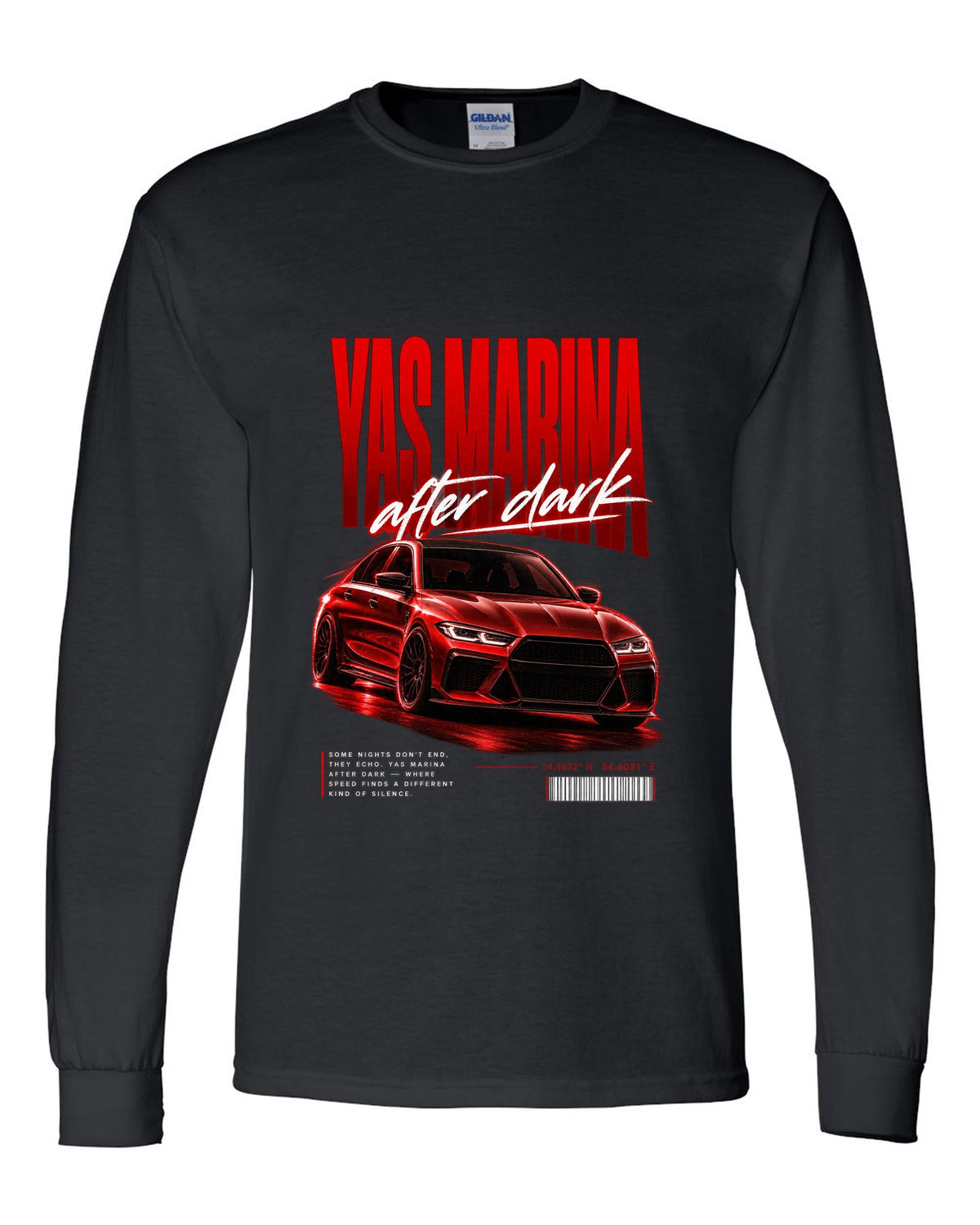 BMW F80 M3 sedan night street poster print with Yas Marina lettering black long sleeve front view with the design