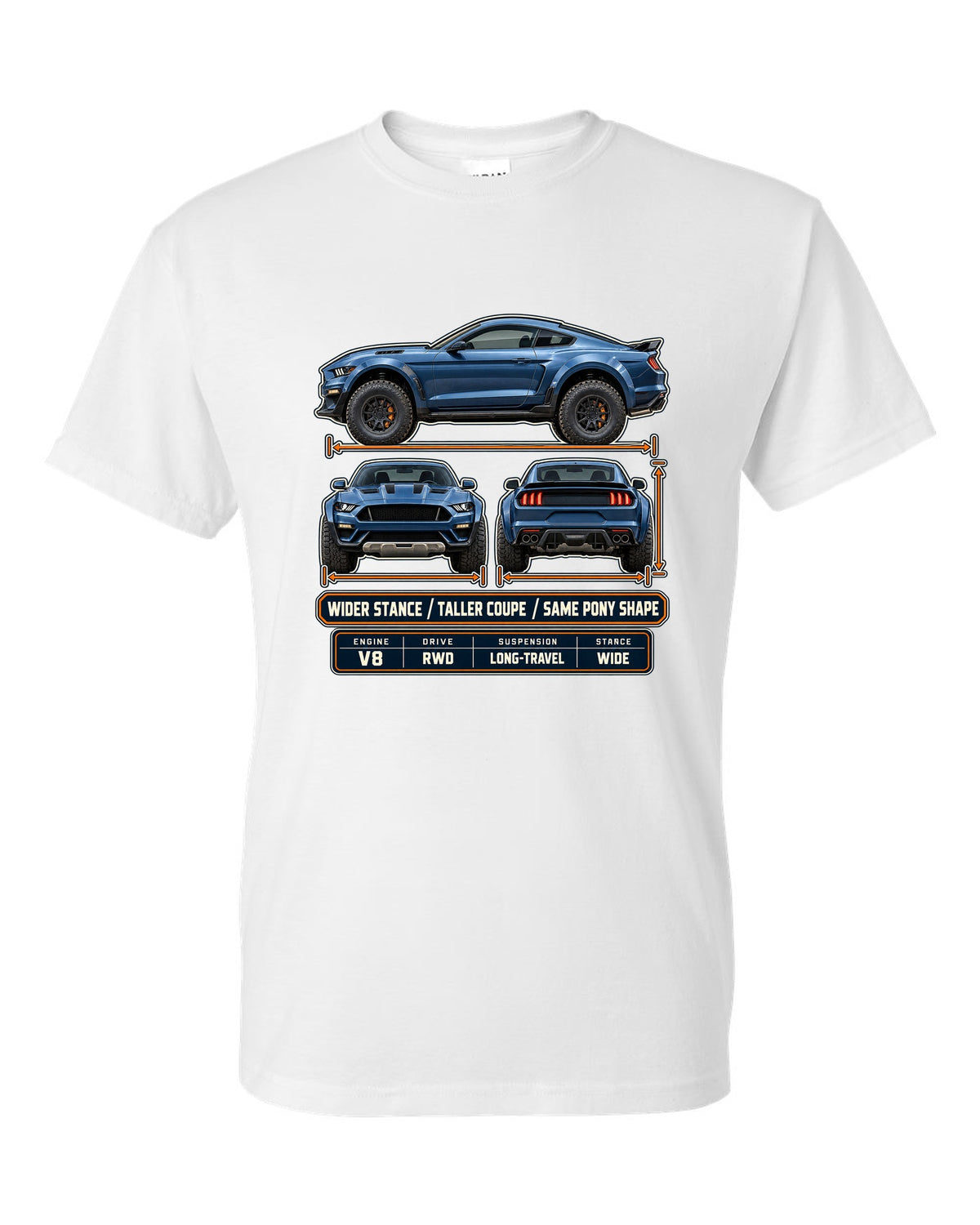 print of a Mustang Raptor concept three-view drawing with spec table and pony shape text white t-shirt front view with the design