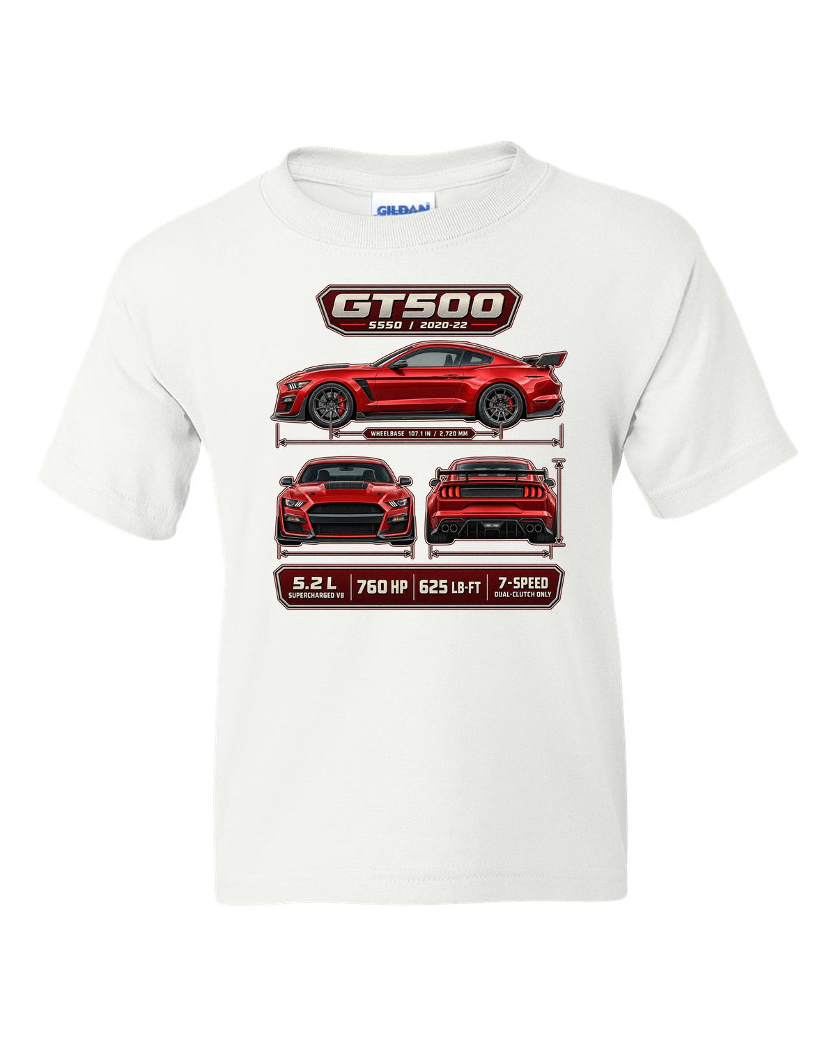 Ford Mustang S550 Shelby GT500 three-view drawing with spec table print white kids tee front view with the design