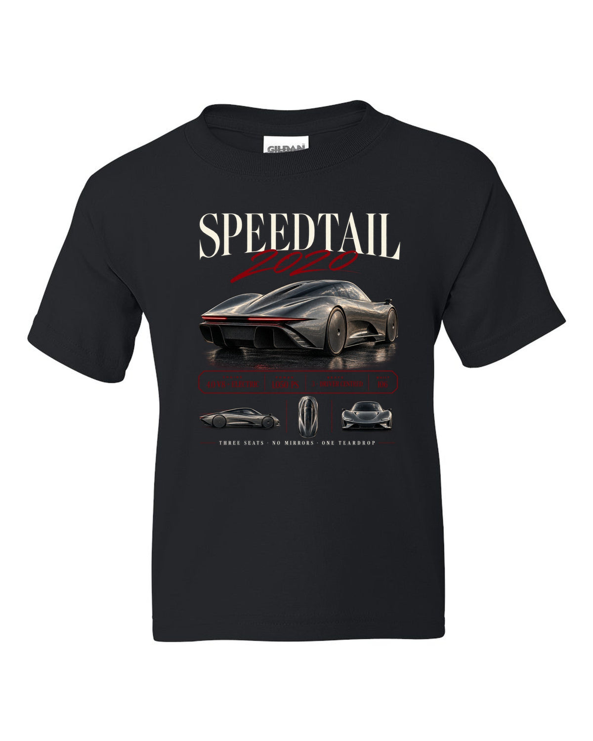 Archive panel print of a 2020 McLaren Speedtail with three seats and no mirrors text black kids tee front view with the design