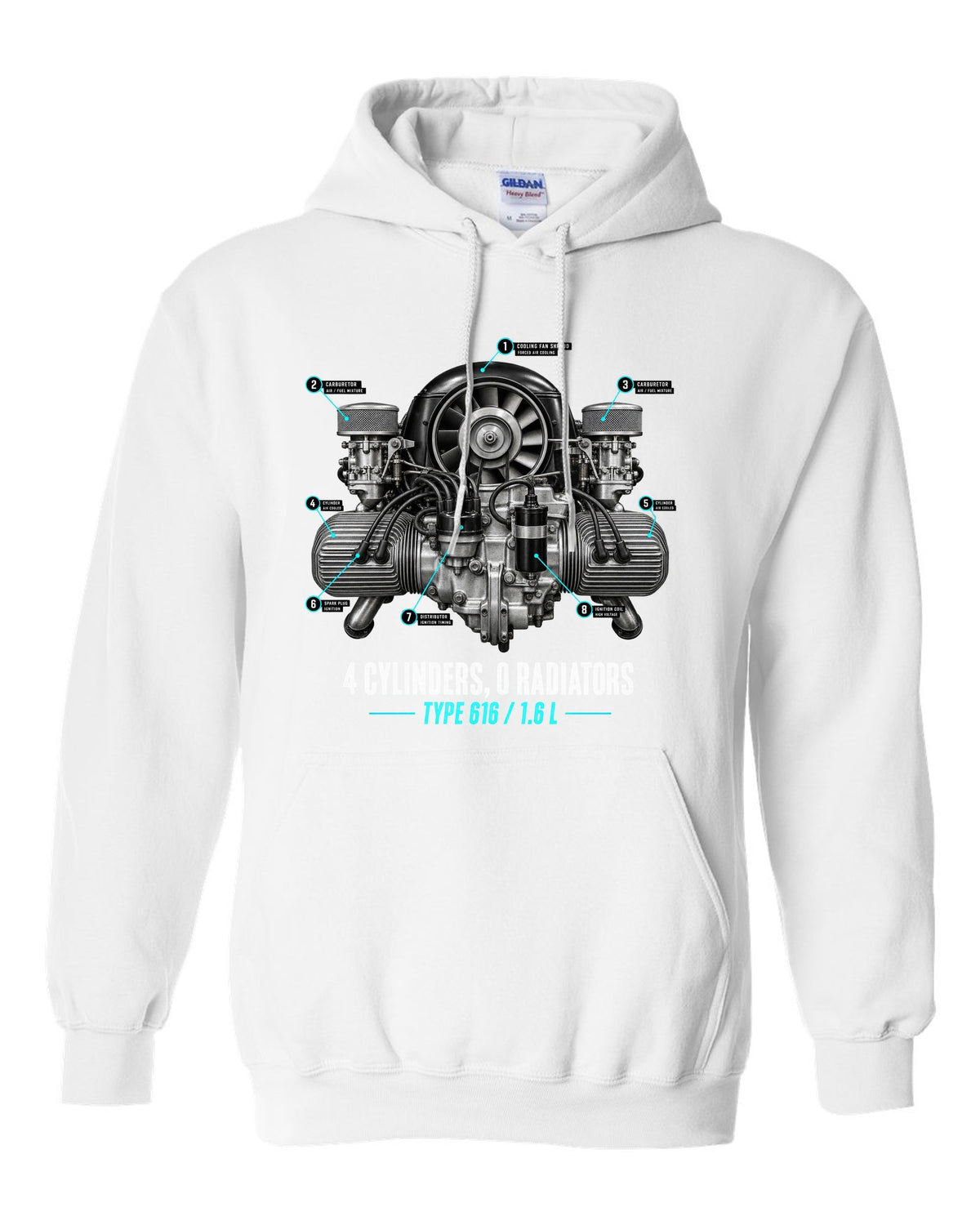 Engine hero print of the Porsche 356 Type 616 1.6 L flat-four with the caption 4 cylinders 0 radiators white pull over hoodie front view with the design