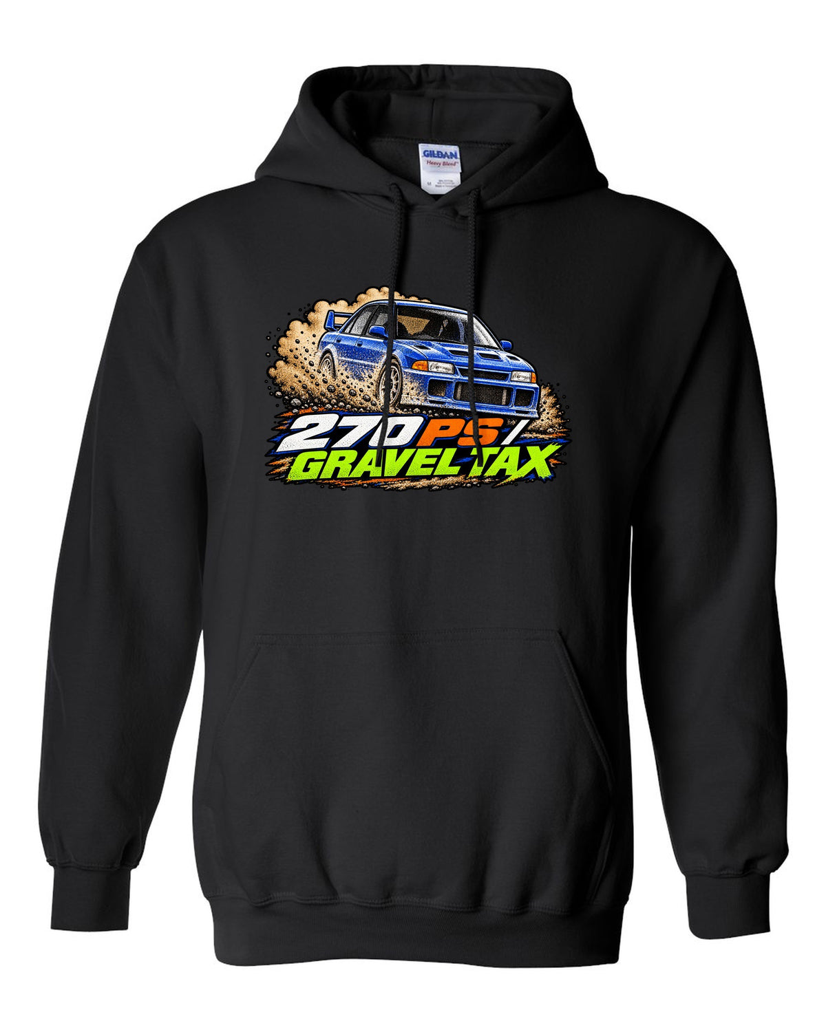 Mitsubishi Lancer Evolution III CE9A in grainy 90s rally magazine halftone, 270 PS / GRAVEL TAX black pull over hoodie front view with the design