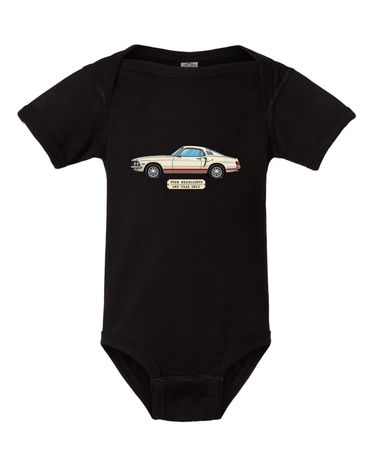 1969 Ford Mustang Fastback Patent Sheet Profile black baby onesie front view with the design