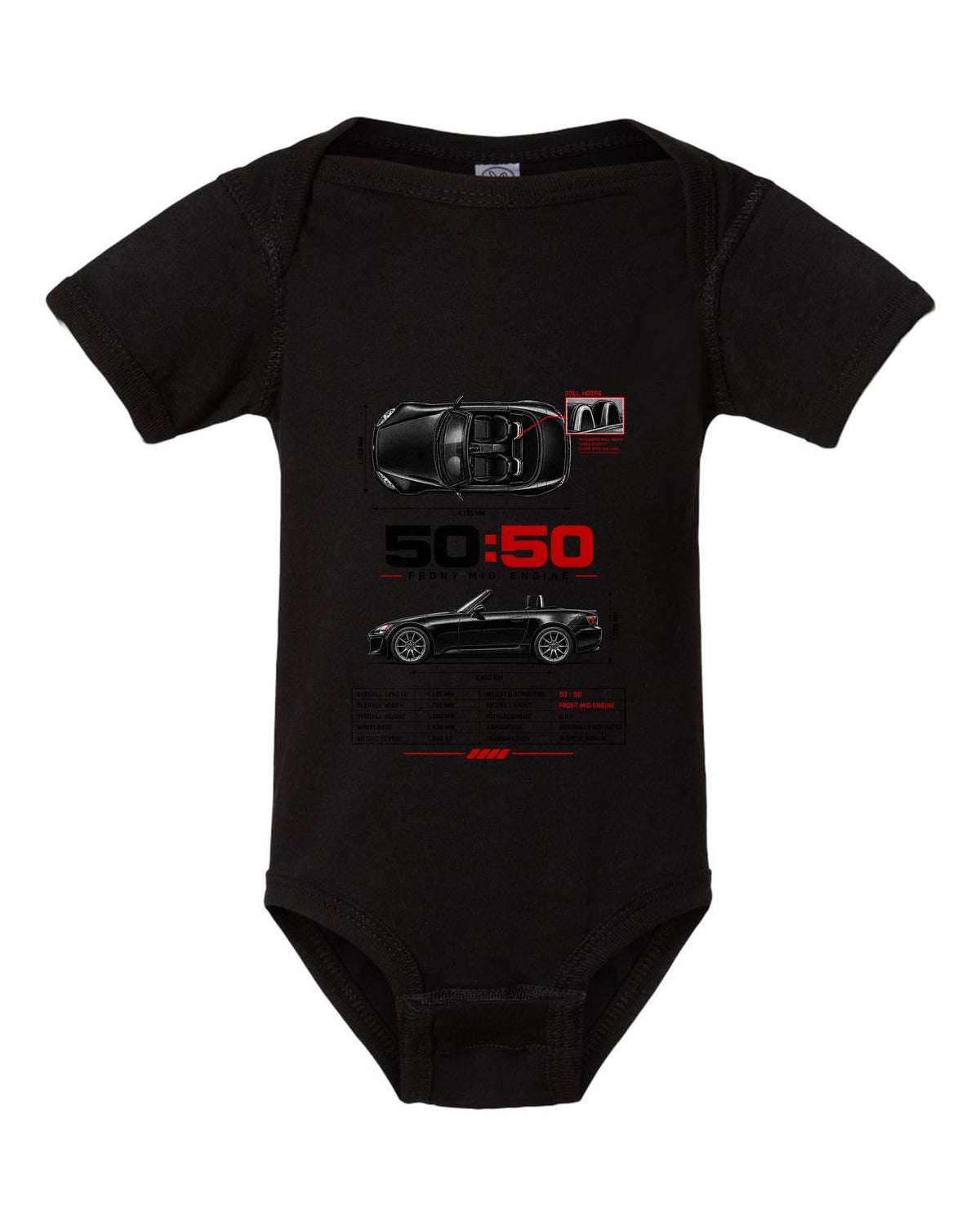 Honda S2000 AP2 roadster spec poster design with 50:50 front mid engine 2,400 mm text black baby onesie front view with the design