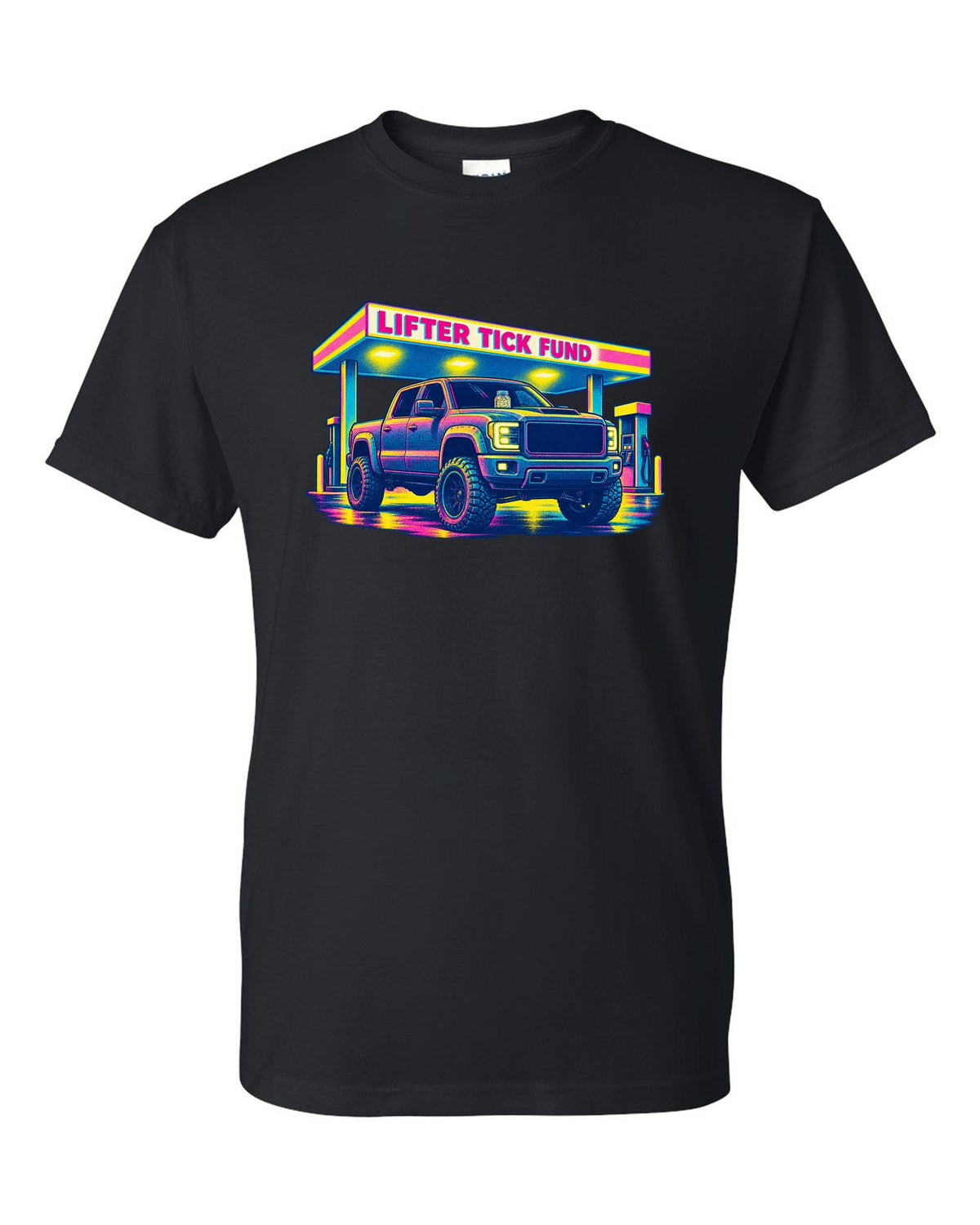 Risograph print of a 2007-2013 Chevrolet Silverado GMT900 with Lifter Tick Fund text black t-shirt front view with the design