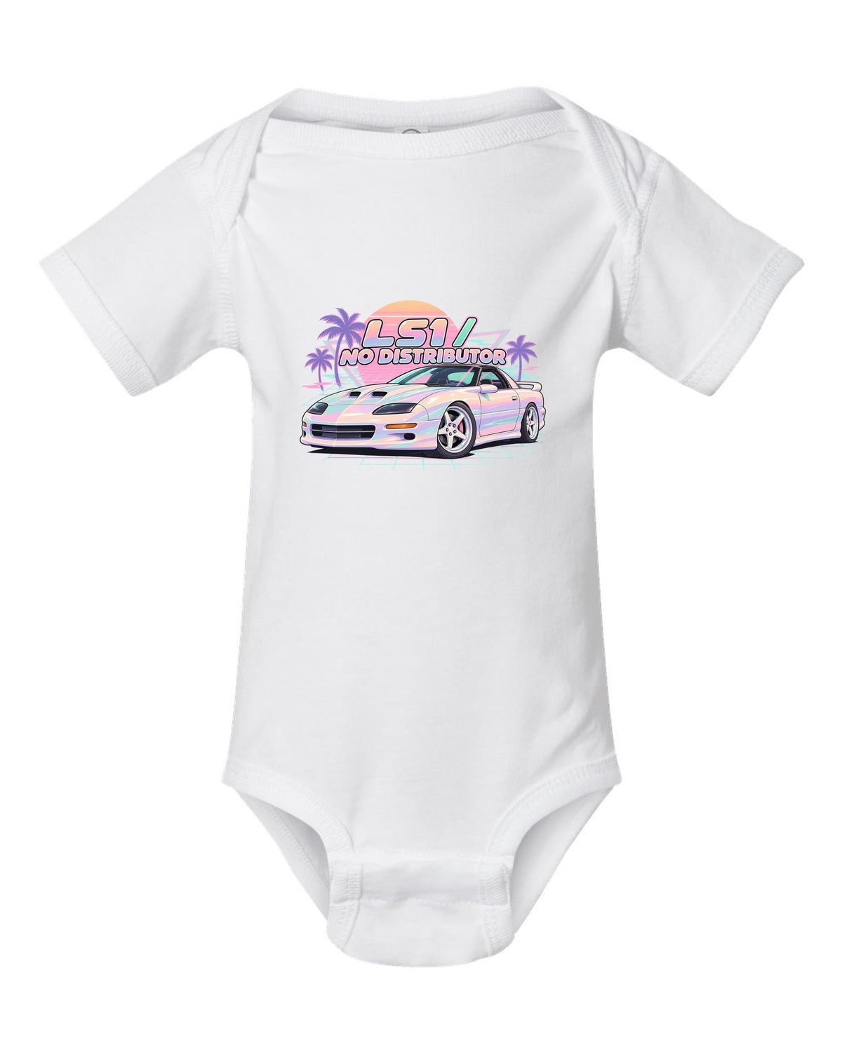 1998 Camaro SS fourth-generation on a pastel vaporwave grid with the text LS1 No Distributor white baby onesie front view with the design