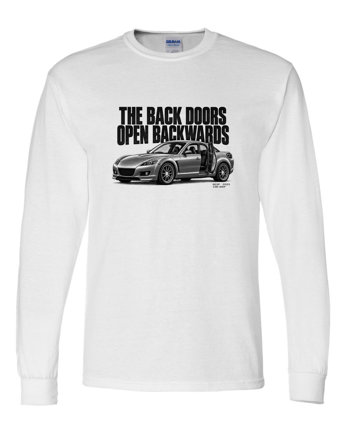 Halftone print of a Mazda RX-8 SE3P with back doors lettering white long sleeve front view with the design