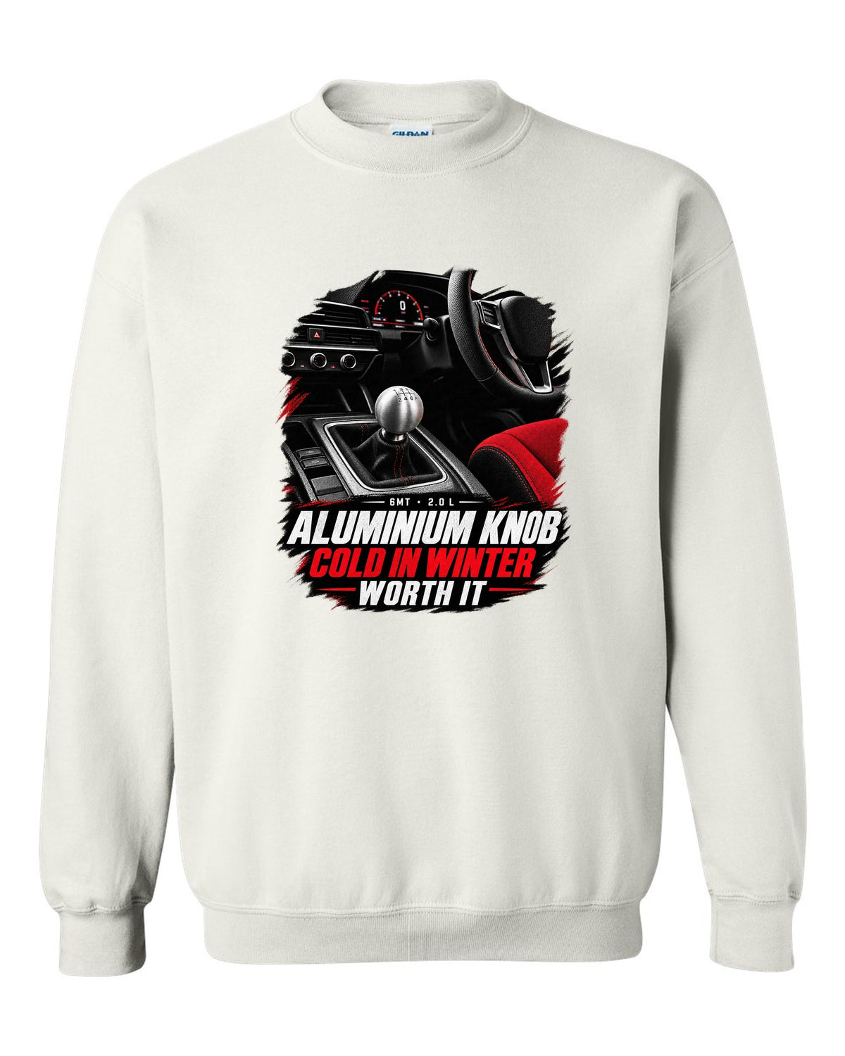 Honda Civic FL5 cockpit gauge design with aluminium shift knob text white crewneck front view with the design