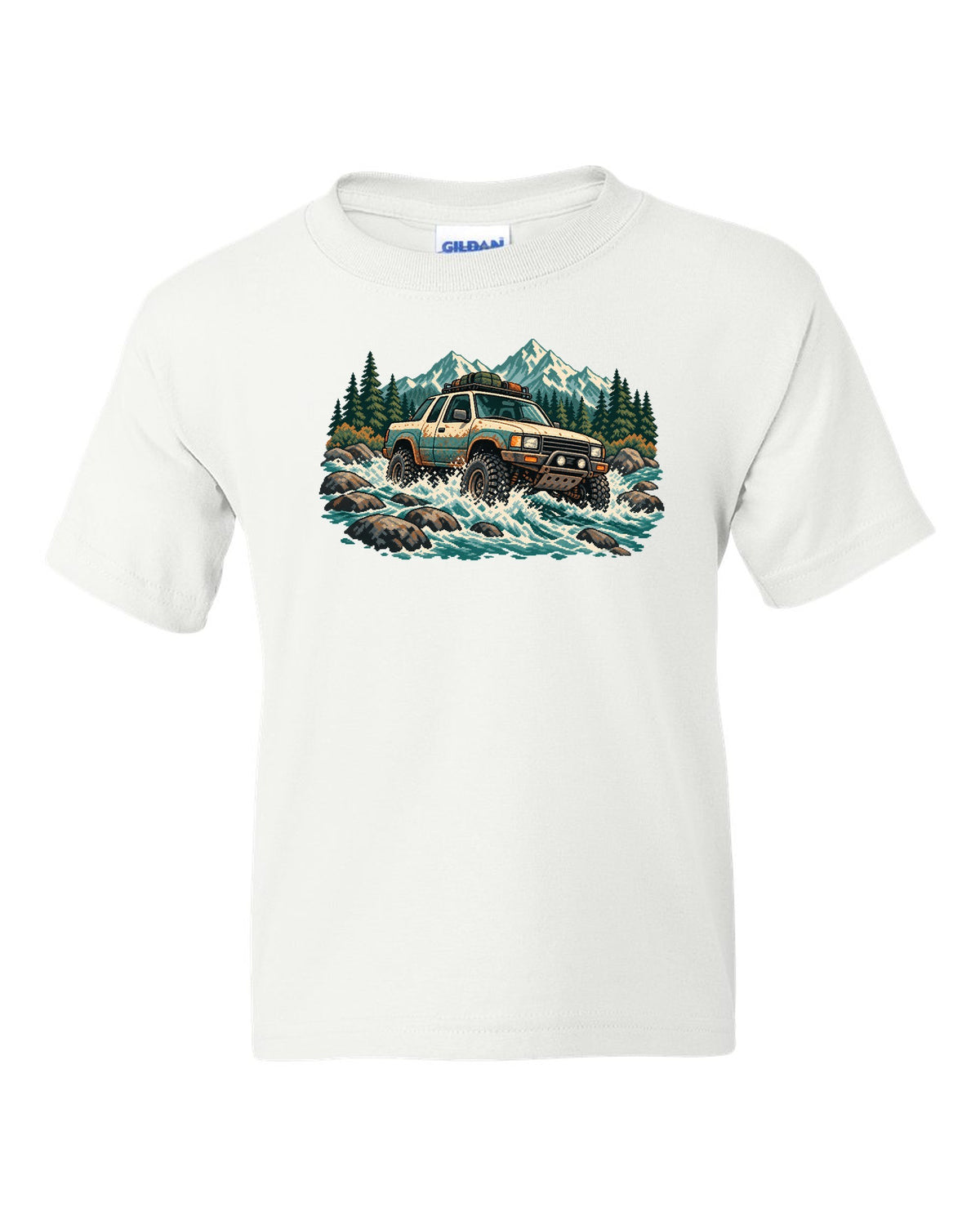16-bit pixel art of a 2021 Ford F-150 Raptor Gen 3 P702 crossing a river with 5-LINK REAR lettering white kids tee front view with the design