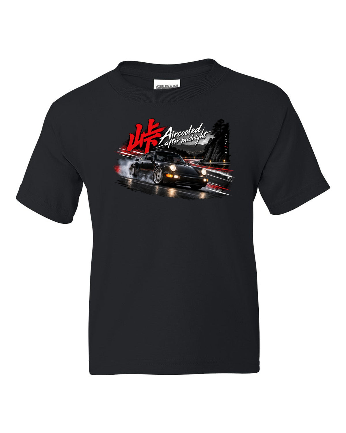 Touge night print of a Porsche 911 Carrera 2 (964) with the line Aircooled after midnight black kids tee front view with the design