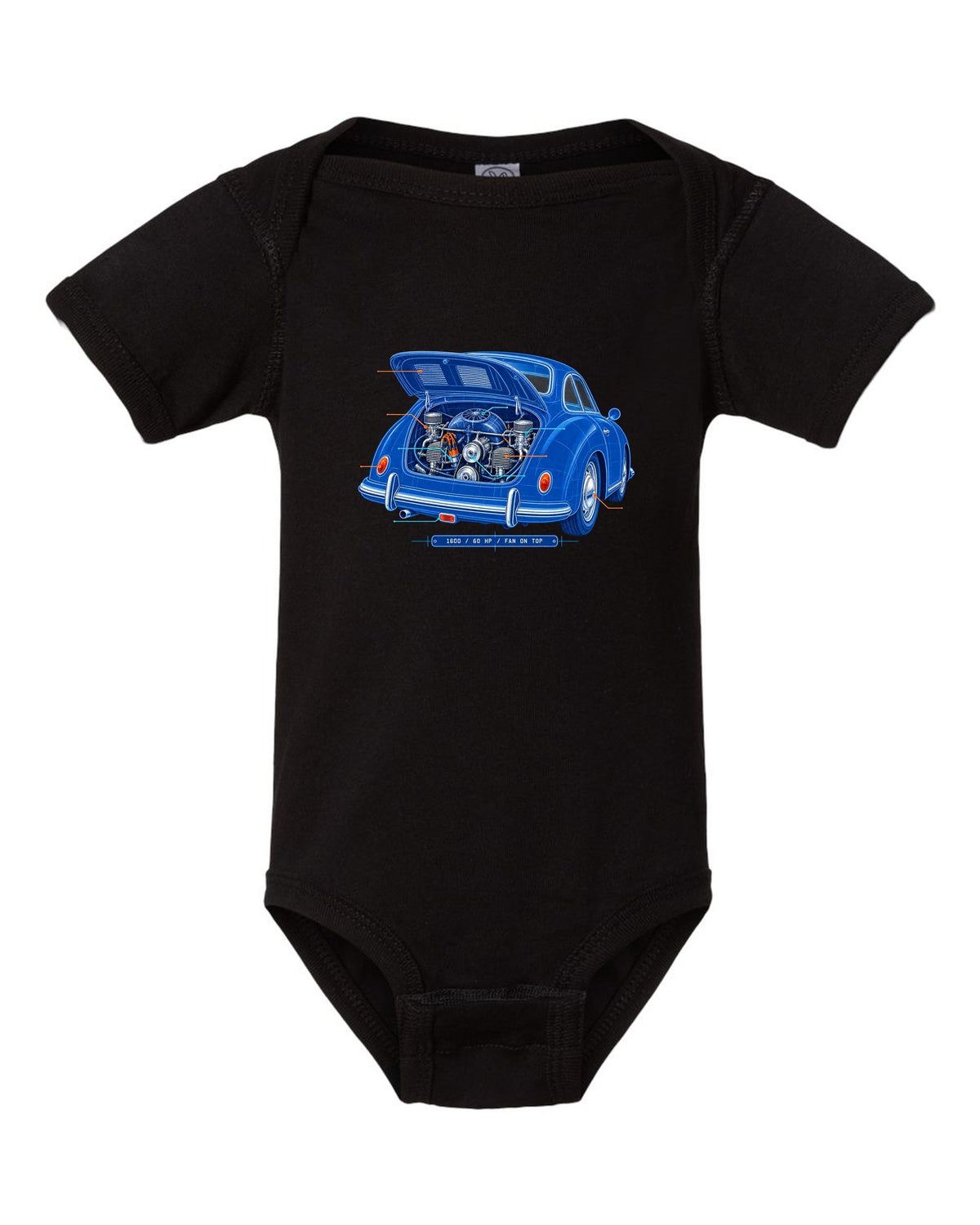 Linocut print of a 1978 Porsche 911 SC Targa in a night garage with the text SC Targa, 180 PS and 3.0 black baby onesie front view with the design