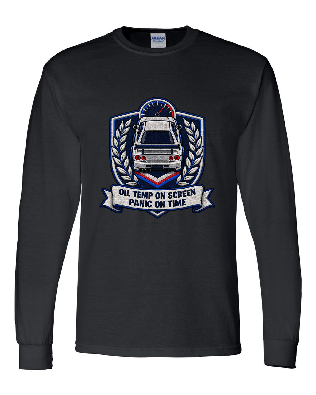 Embroidery-style shield crest print for the Nissan Skyline GT-R BNR34 with oil temp lettering black long sleeve front view with the design