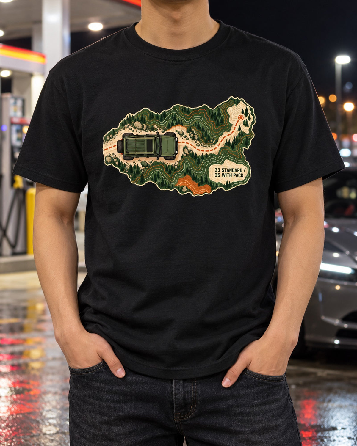 2021 Ford Bronco Badlands 4-Door Contour Tread Topo Map Tee T-Shirt Black worn hero