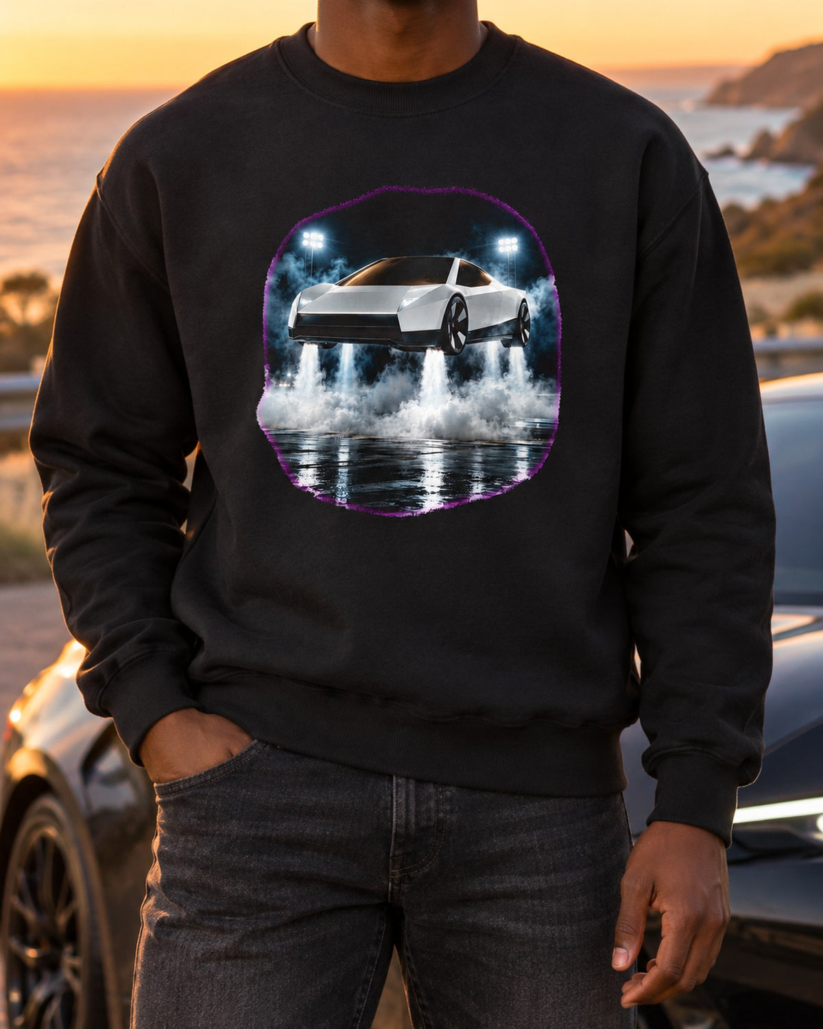Tesla Roadster Hover Pad Shirt, Hoodie & More Crewneck Black worn hero