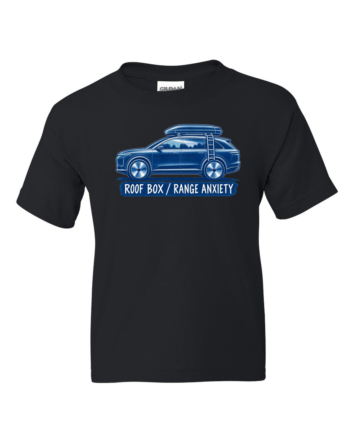 Lucid Gravity white-on-blue cyanotype print with the text roof box range anxiety black kids tee front view with the design