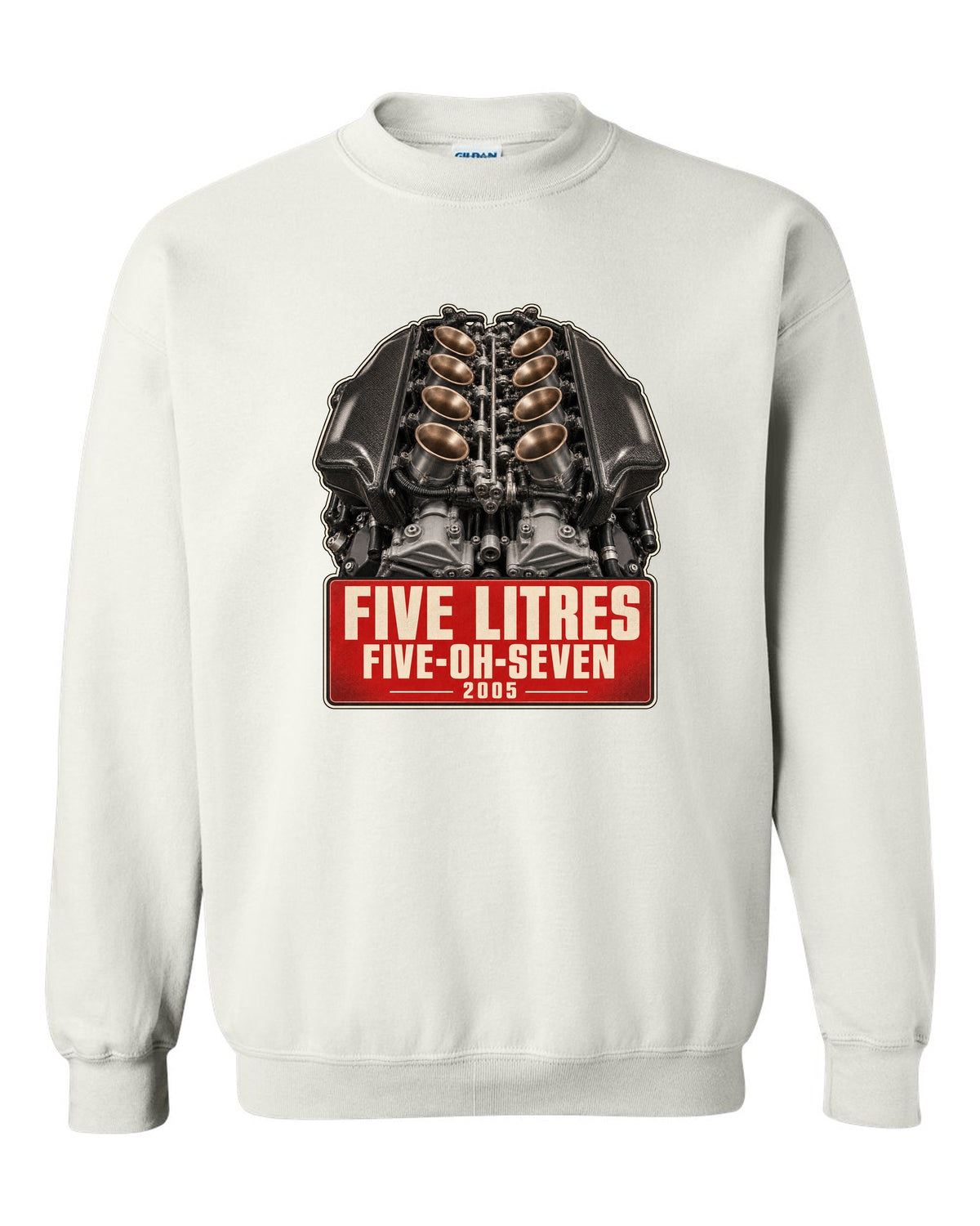 BMW M5 E60 S85 V10 engine poster-style print white crewneck front view with the design