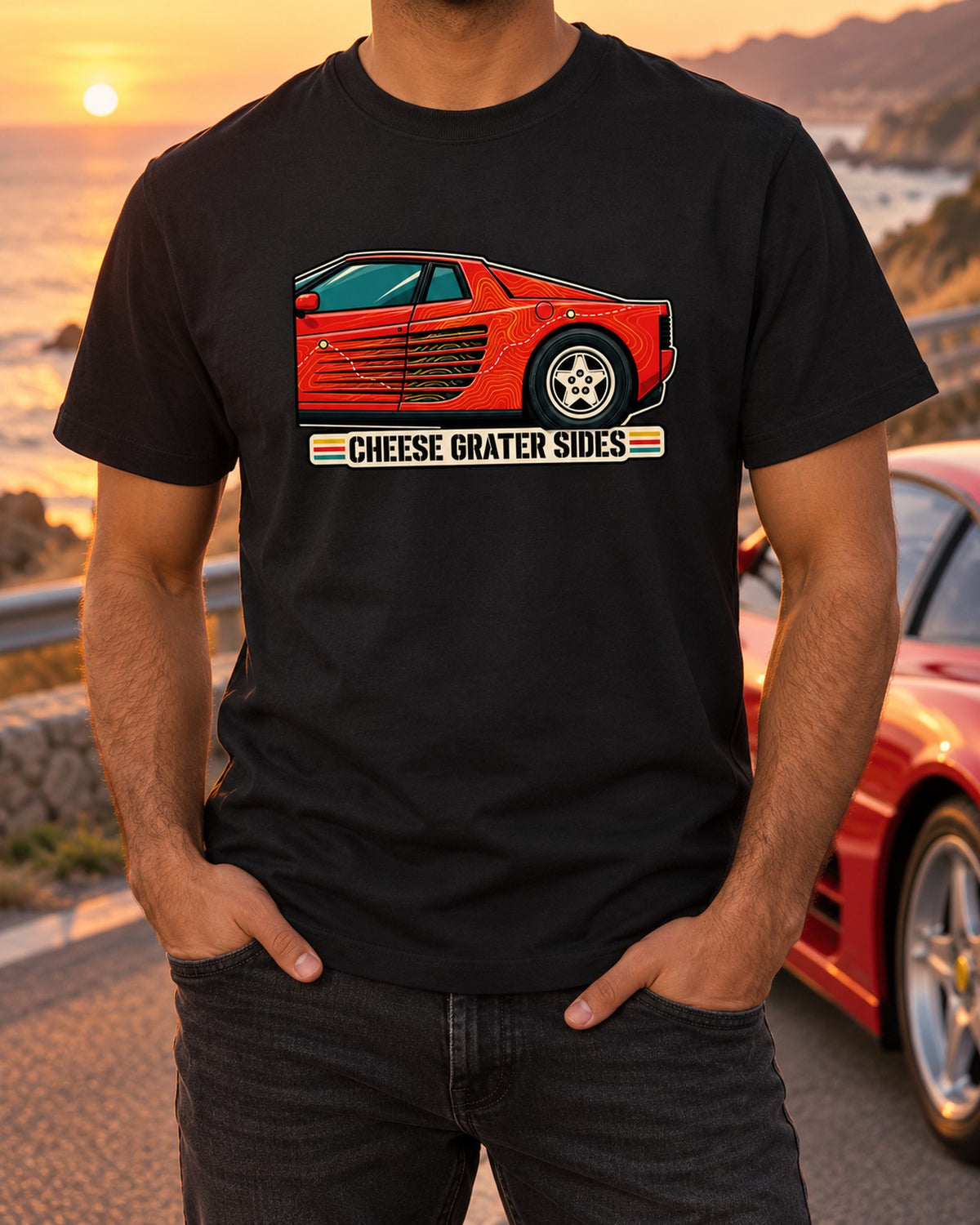 Ferrari Testarossa F110 Cheese Grater Sides Contour Map Tee T-Shirt Black worn hero