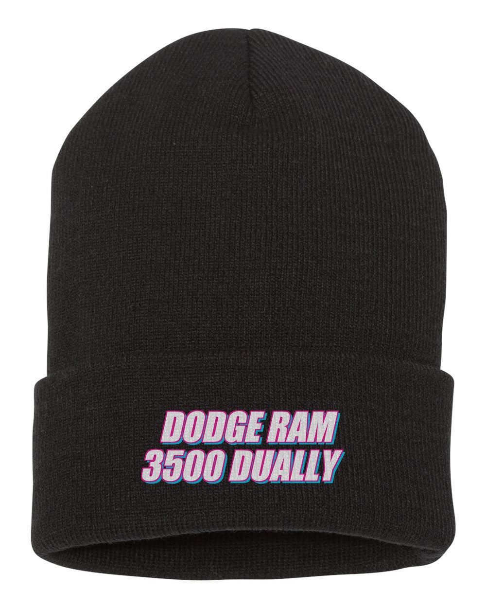 Dodge Ram 3500 Dually black beanie front view with car name