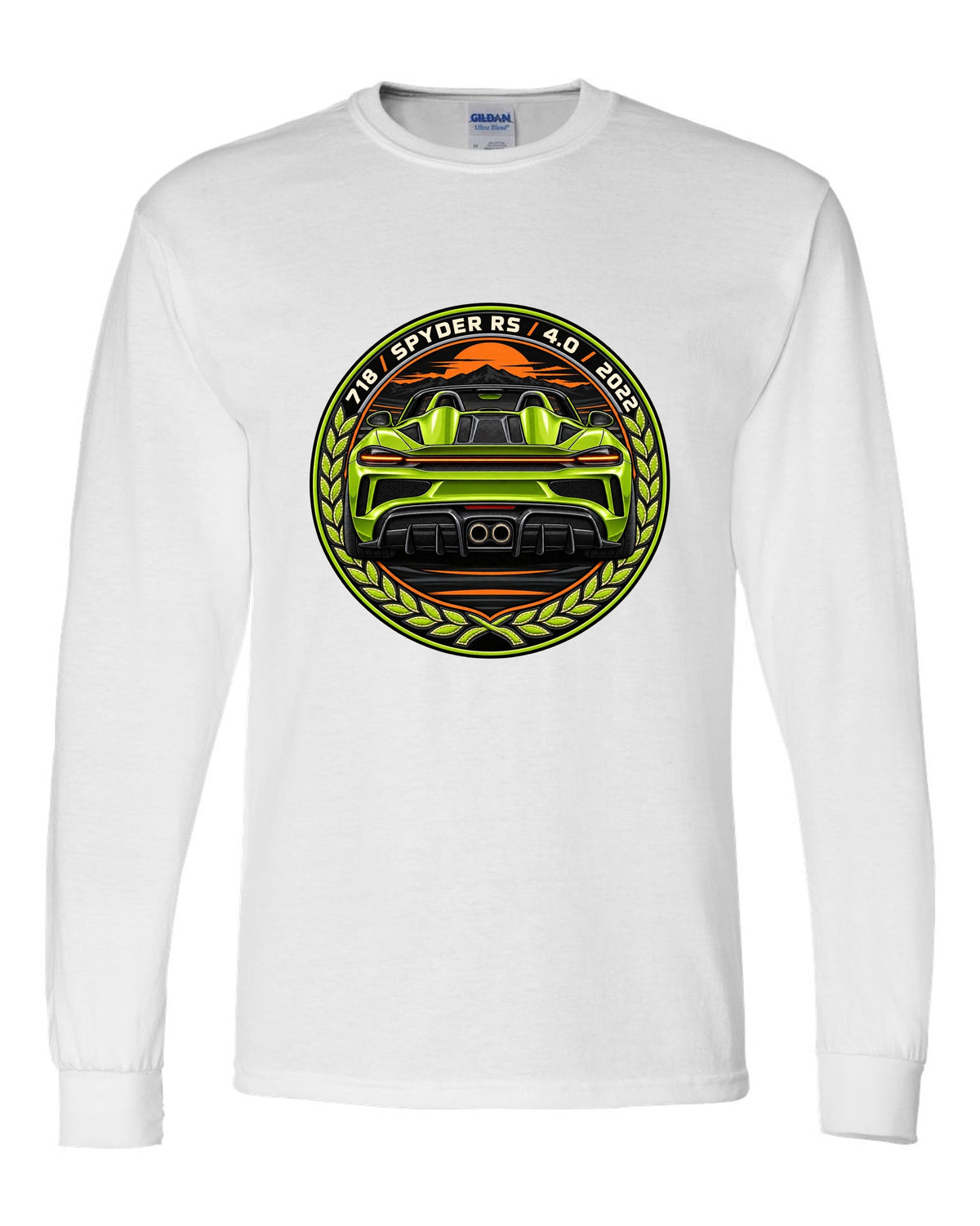 Round crest design for the Porsche 718 Spyder RS with 4.0 and 2022 lettering white long sleeve front view with the design
