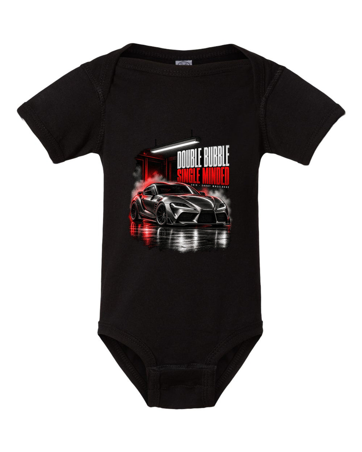 Garage night print of a Toyota GR Supra A90 with the text Double Bubble Single Minded black baby onesie front view with the design