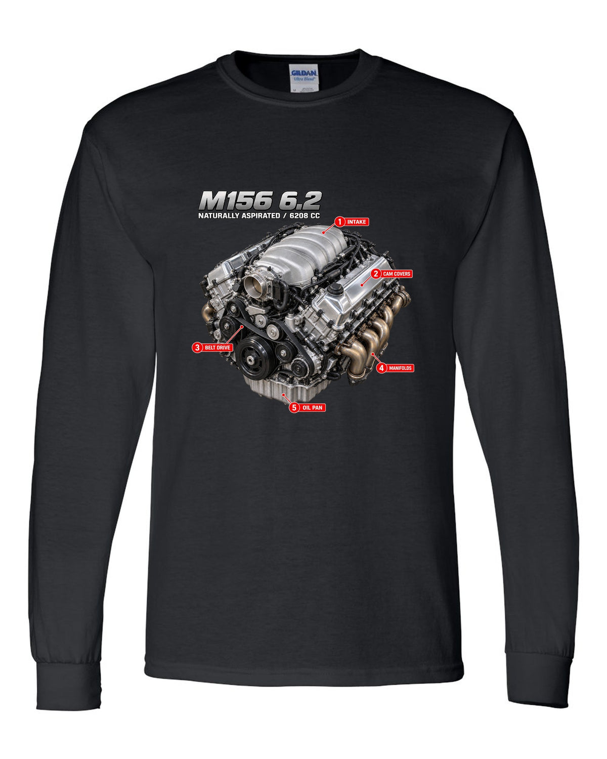 print of the Mercedes W204 C63 M156 6.2 V8 engine with text naturally aspirated 6208 cc black long sleeve front view with the design