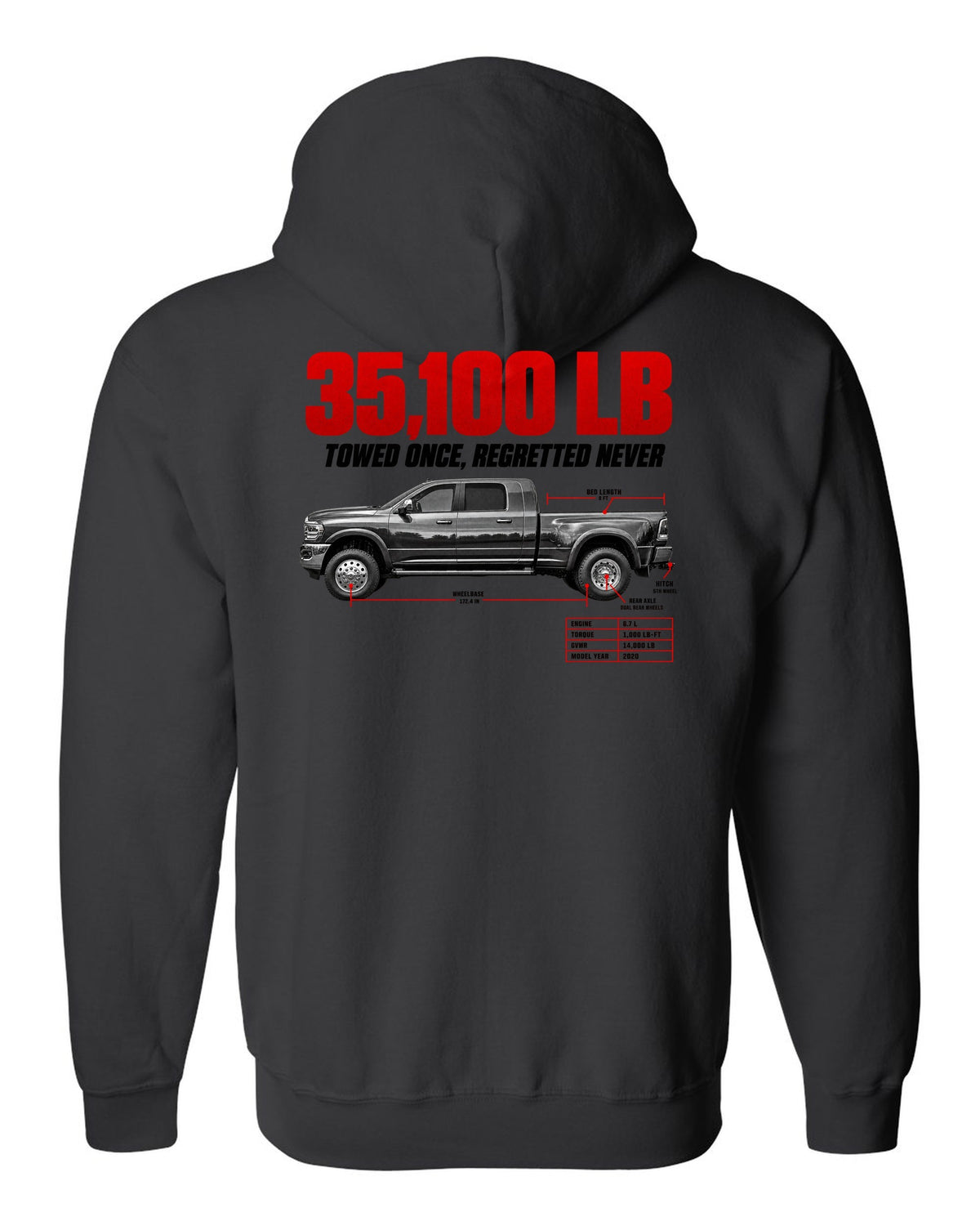 Ram 3500 5th Gen Side Profile Spec Poster Tee, 35,100 Lb black zip hoodie back view with the design