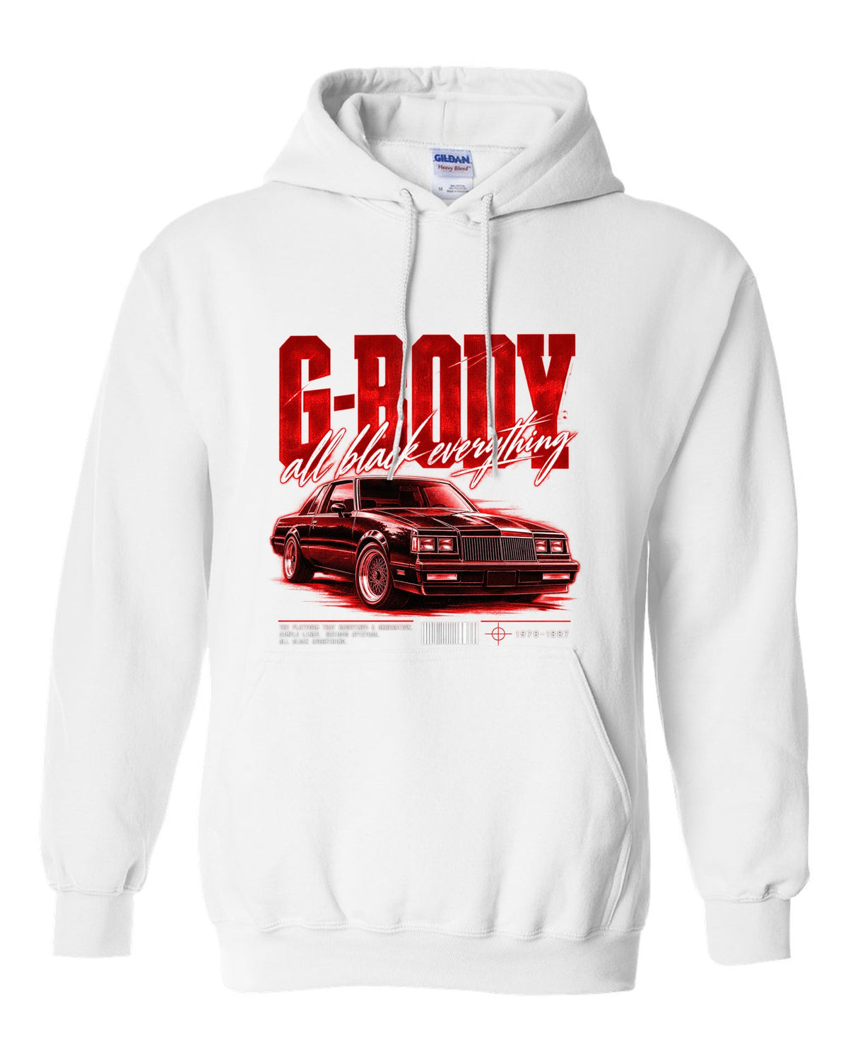 print street poster of an all black Buick Regal G-body coupe 1984-87 white pull over hoodie front view with the design