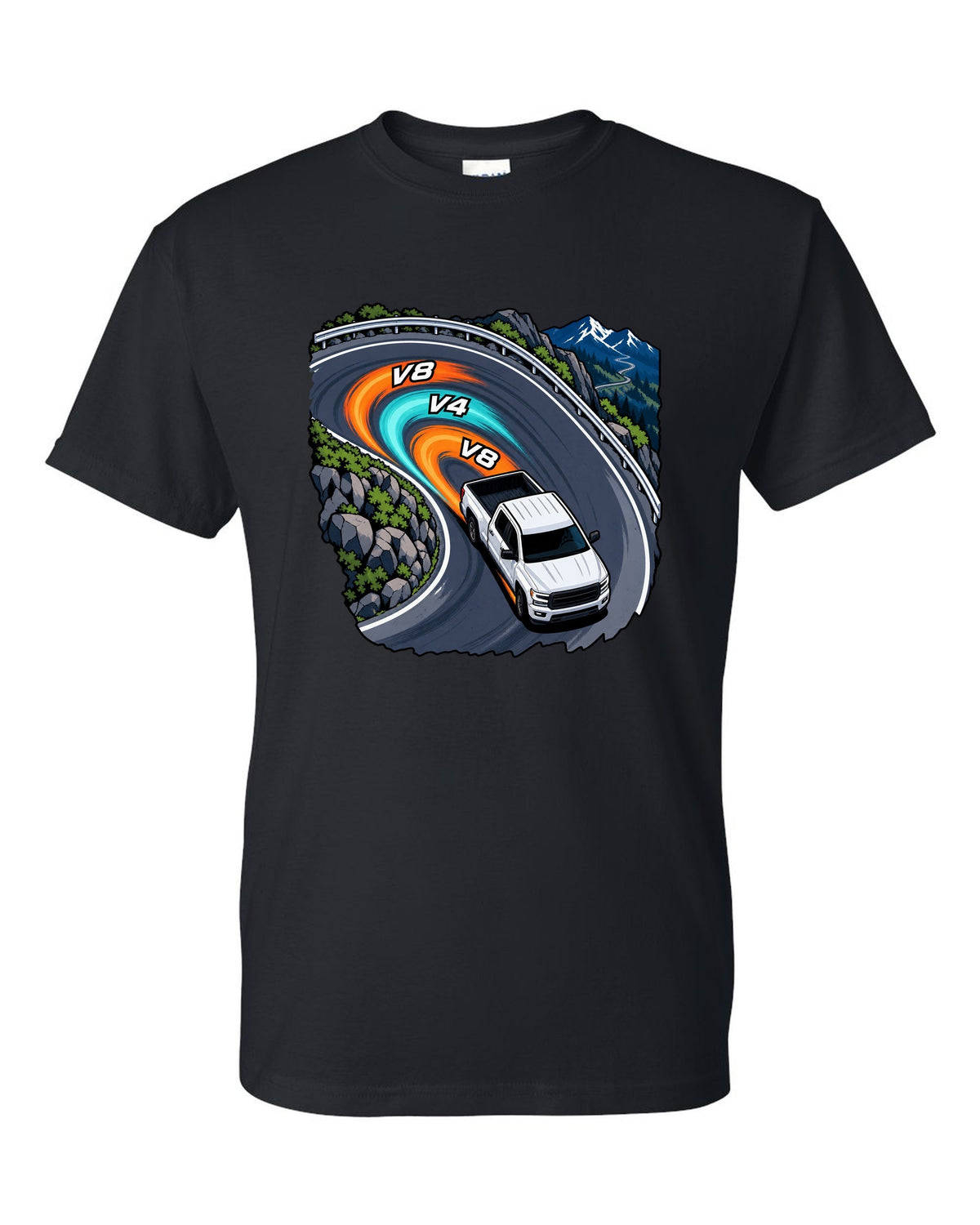 Cel-shaded anime night touge print of a 2007-2013 Chevrolet Silverado GMT900 with V8 V4 V8 text black t-shirt front view with the design