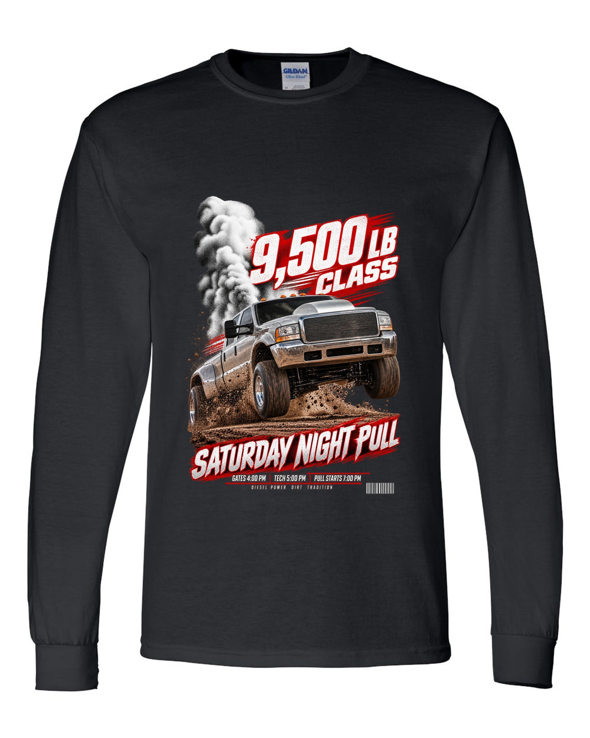 Race poster of a 1998.5-2002 Ram 2500 24V with the text 9,500 lb class, Saturday night pull black long sleeve front view with the design