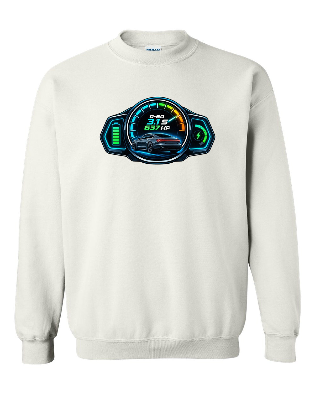 HUD gauge cluster print of an Audi e-tron GT with 0-60 and horsepower figures white crewneck front view with the design