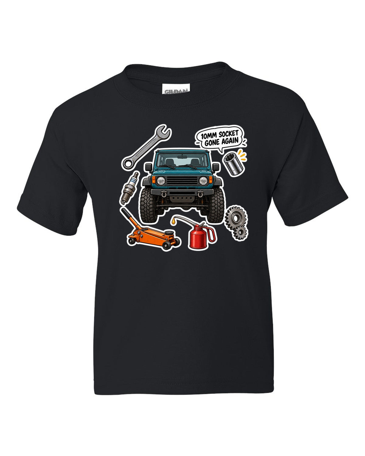 Jeep Wrangler TJ sticker bomb collage design with 10mm socket gone again text black kids tee front view with the design