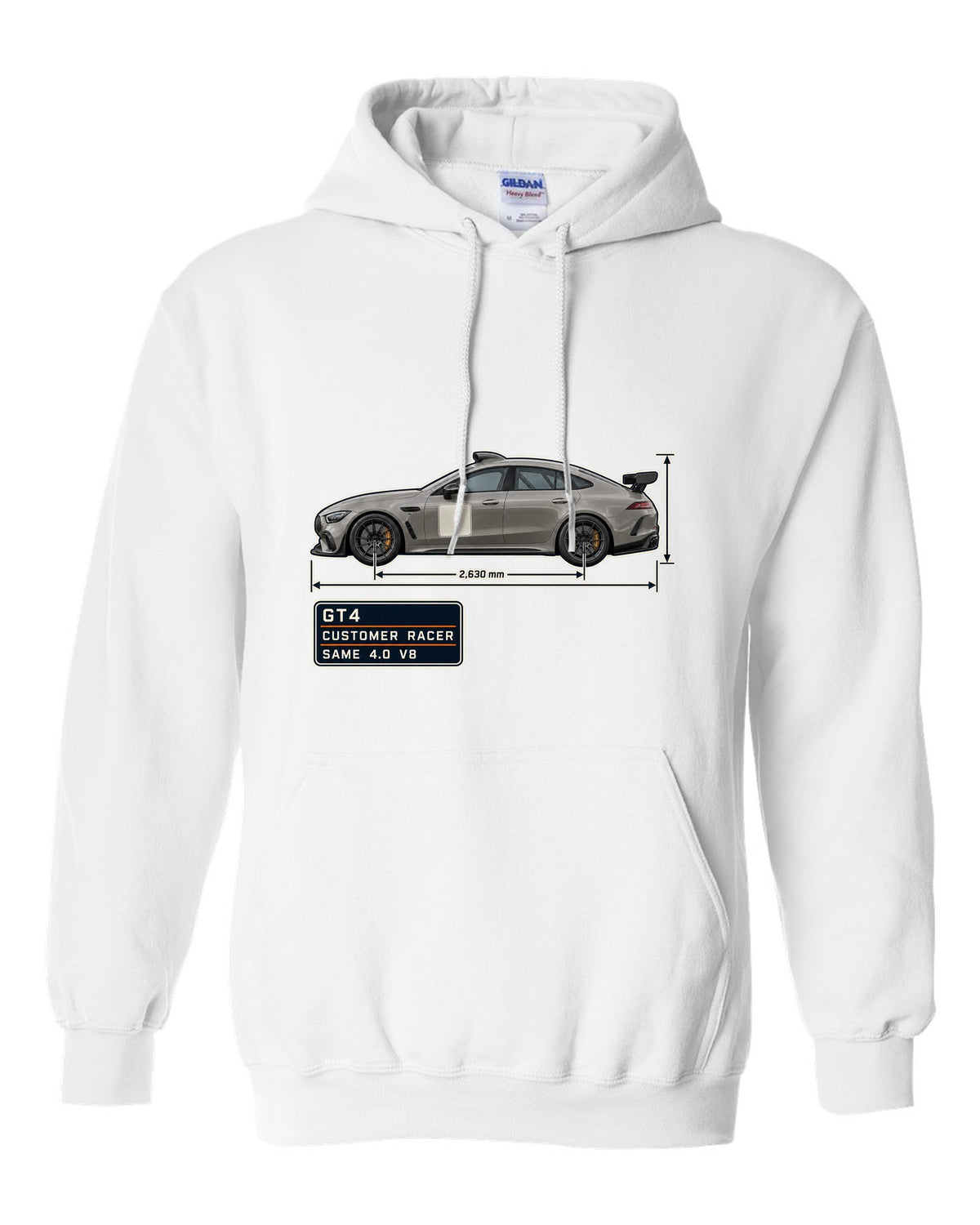 Mercedes-AMG GT4 unliveried spec poster print white pull over hoodie front view with the design