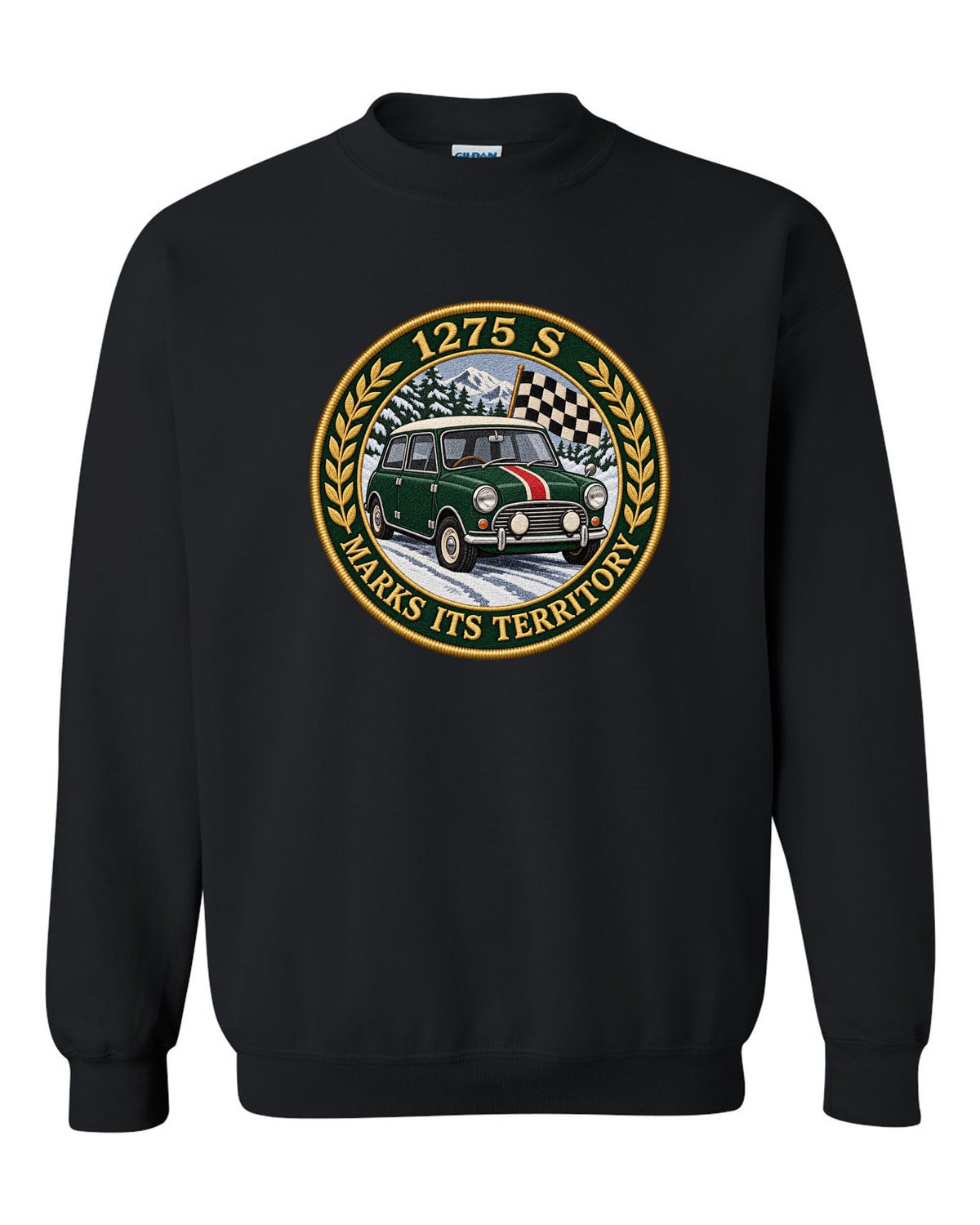Embroidery style varsity crest for a Mini Cooper S Mk1 with 1275 S marks its territory black crewneck front view with the design
