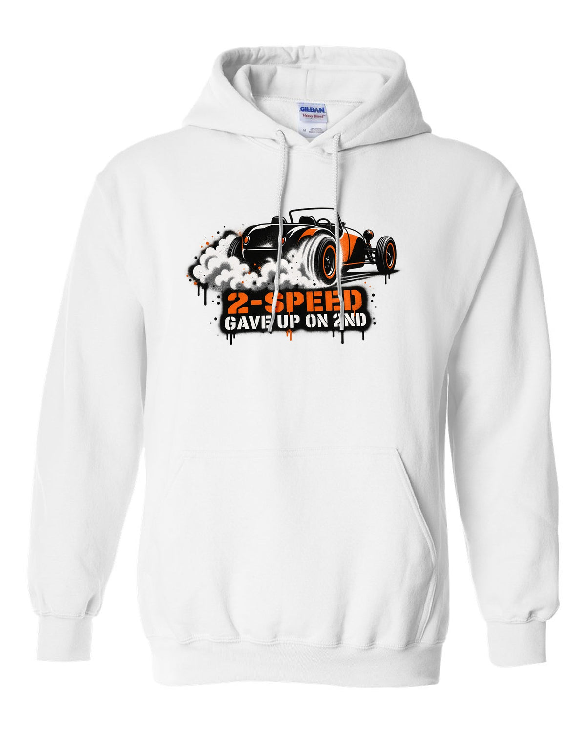 Spray stencil street art print of a Tesla Roadster Gen 1 reading 2-Speed Gave Up on 2nd white pull over hoodie front view with the design